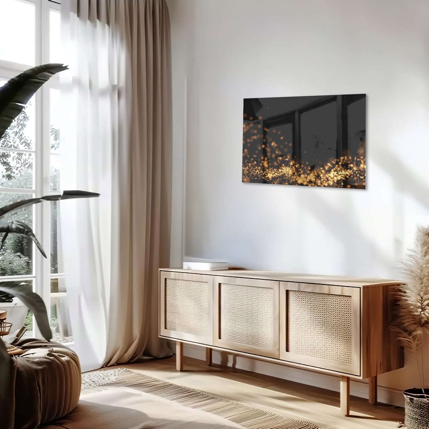 Glasbild mit goldenen Lichtpunkten auf schwarzem Hintergrund – Glasbild aus Sicherheitsglas, Größe 80x30