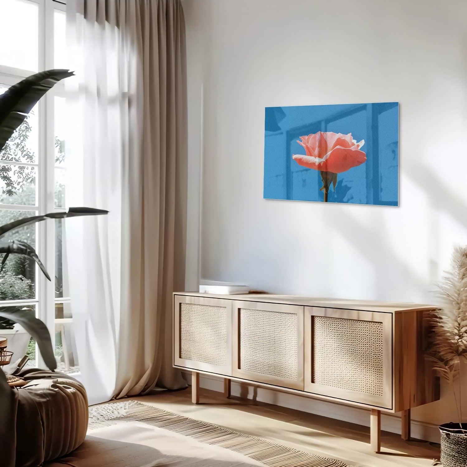 Glasbild rosa Rose auf blauem Hintergrund – Glasbild aus Sicherheitsglas, Größe 80x30
