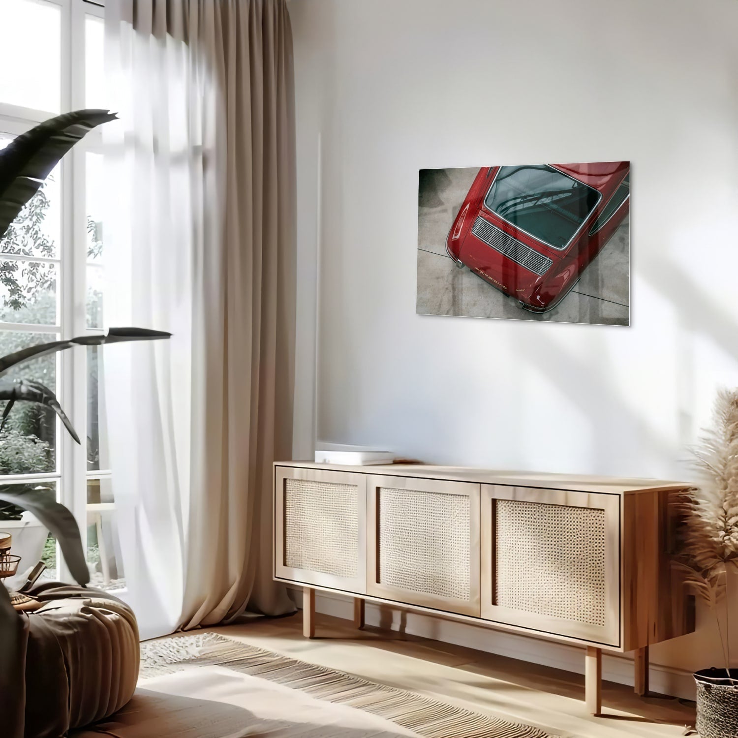 Stilvolles Glasbild mit einem roten Auto – Glasbild aus Sicherheitsglas, Größe 80x30