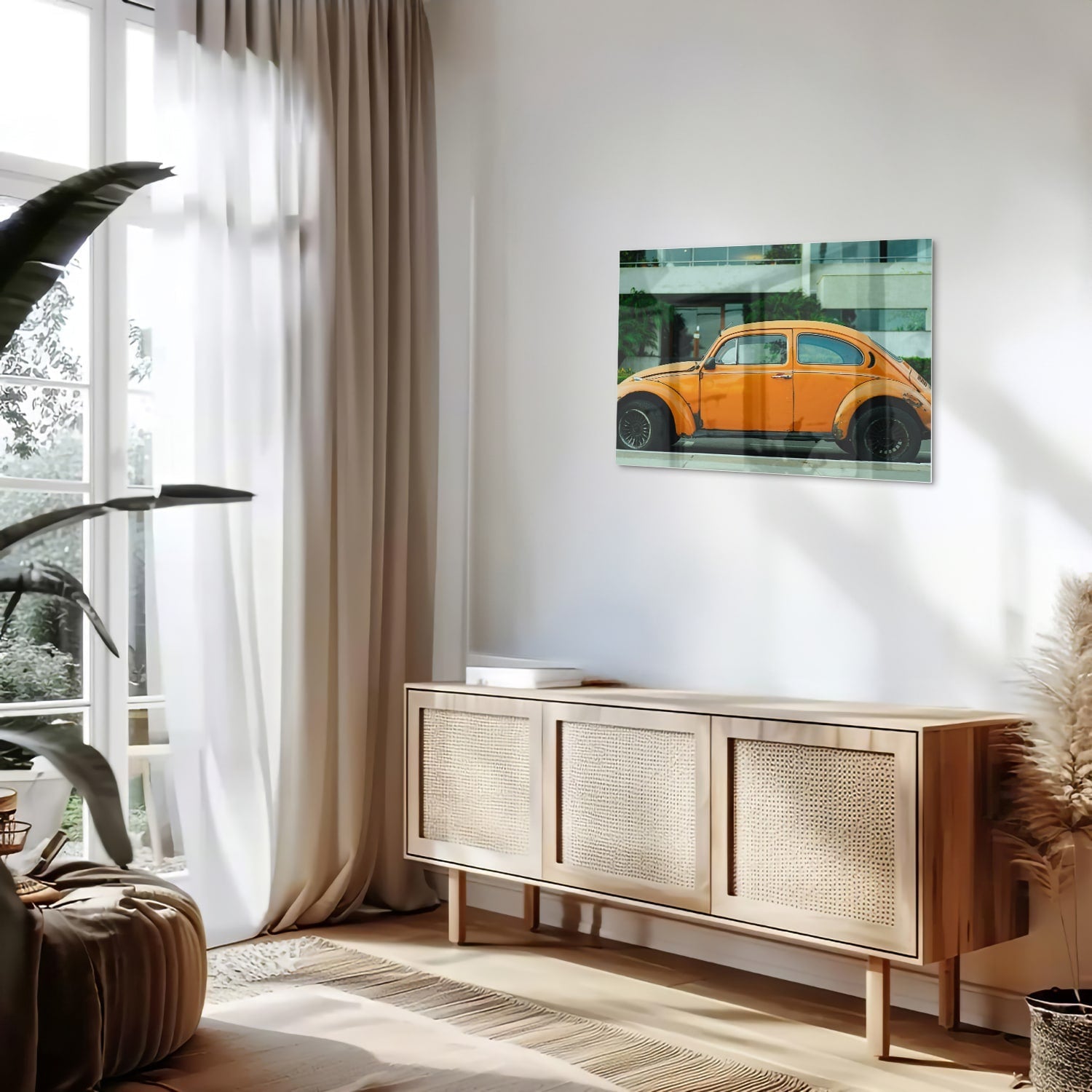 Fröhliches Glasbild mit orangefarbenem Käfer – Glasbild aus Sicherheitsglas, Größe 80x30