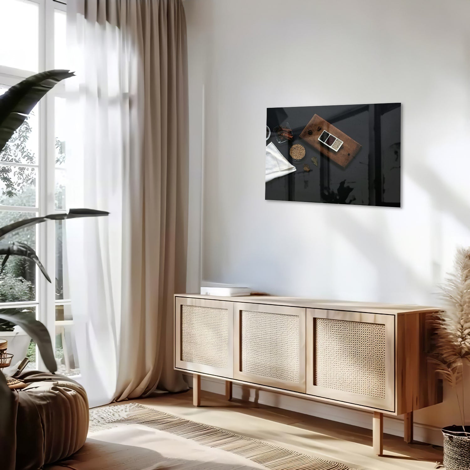 Modernes Glasbild mit Kaffee und Notizen – Glasbild aus Sicherheitsglas, Größe 80x30