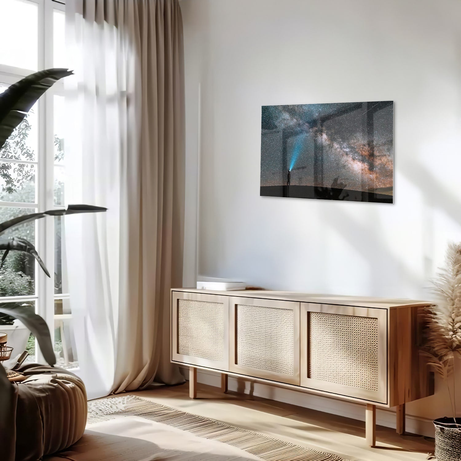Glasbild Sternenhimmel mit Lichtstrahl – Glasbild aus Sicherheitsglas, Größe 80x30