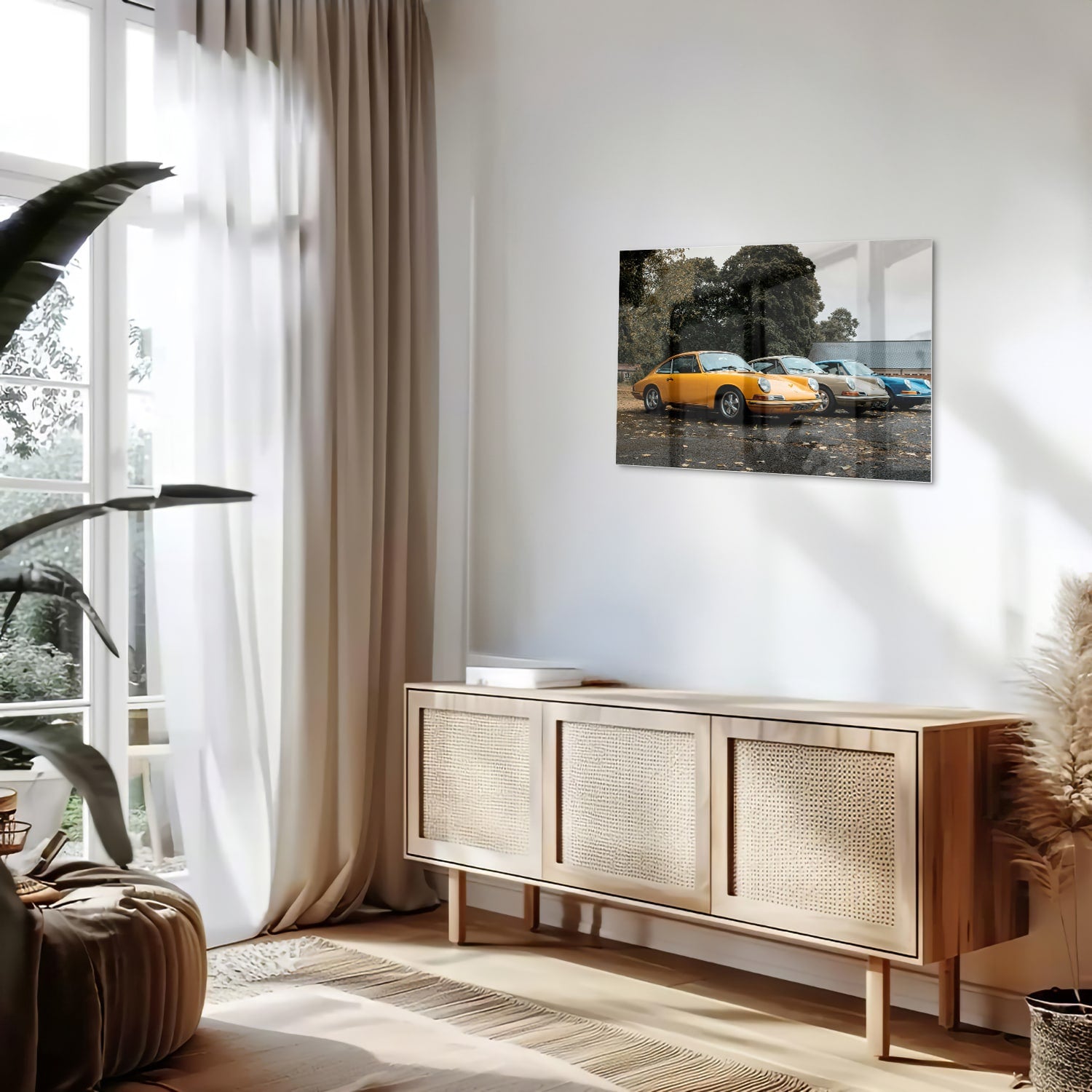 Fröhliches Glasbild mit gelbem Auto – Glasbild aus Sicherheitsglas, Größe 80x30