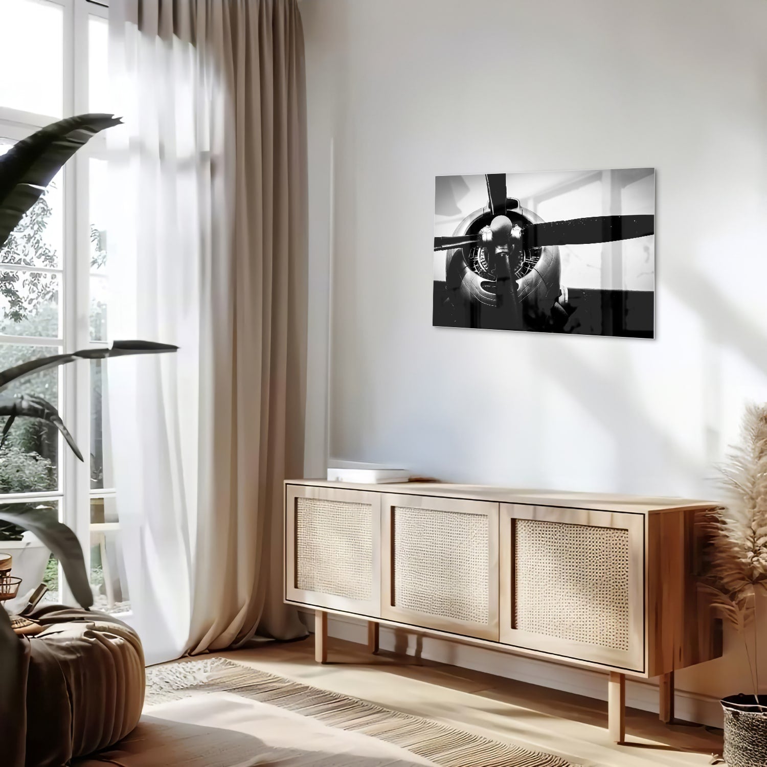 Schwarz-Weiß-Glasbild mit Vintage-Flugzeugpropeller – Glasbild aus Sicherheitsglas, Größe 80x30