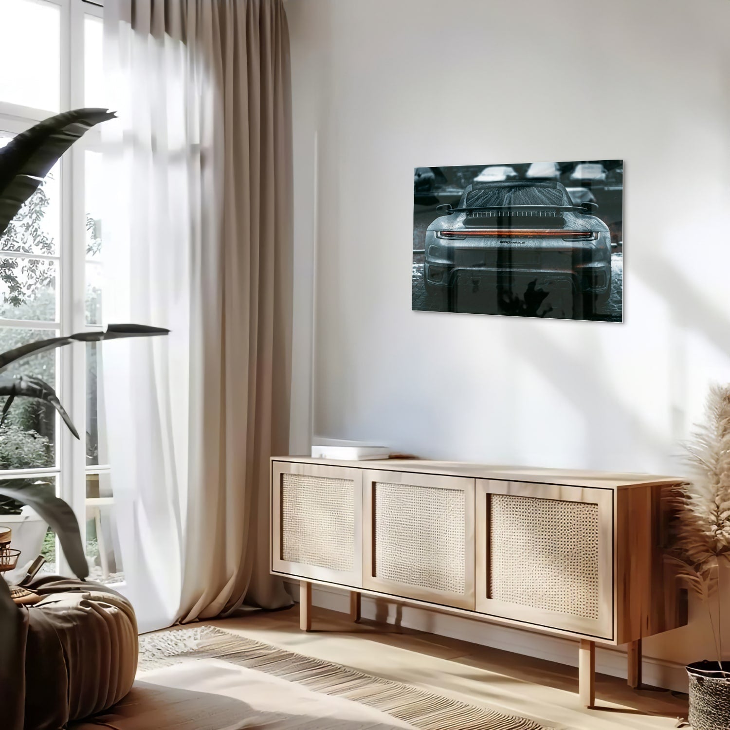 Elegantes Glasbild mit einem Sportwagen – Glasbild aus Sicherheitsglas, Größe 80x30