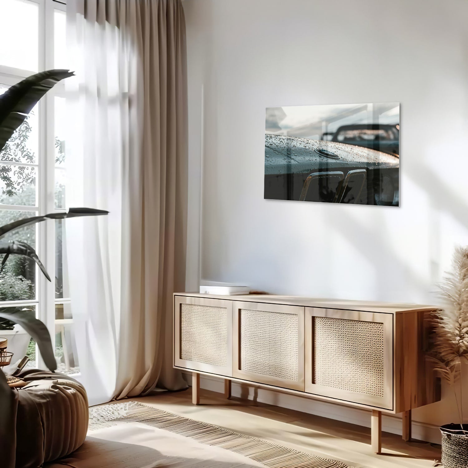 Glasbild mit nasser Autoscheibe – Stilvolles Interieur – Glasbild aus Sicherheitsglas, Größe 80x30