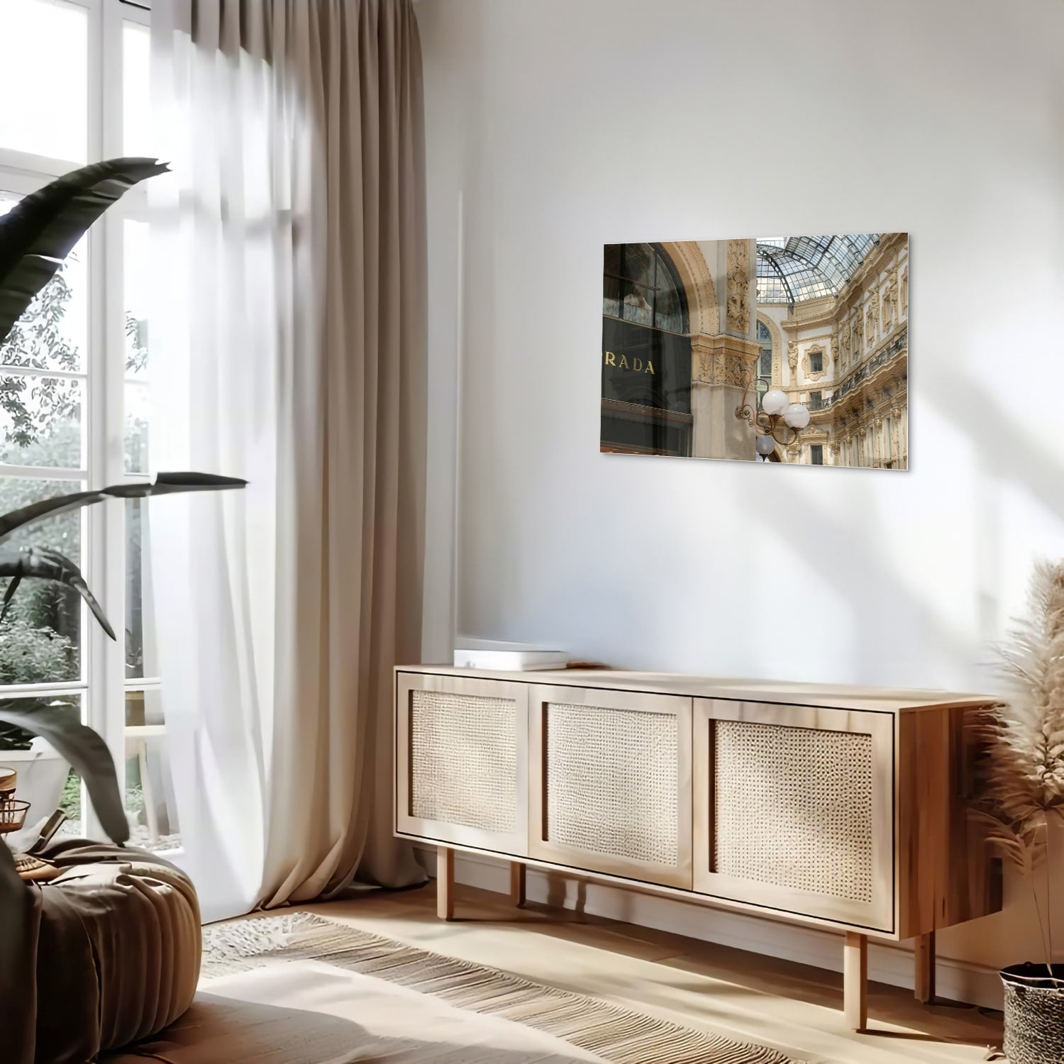Elegantes Glasbild mit Luxus-Boutique – Glasbild aus Sicherheitsglas, Größe 80x30