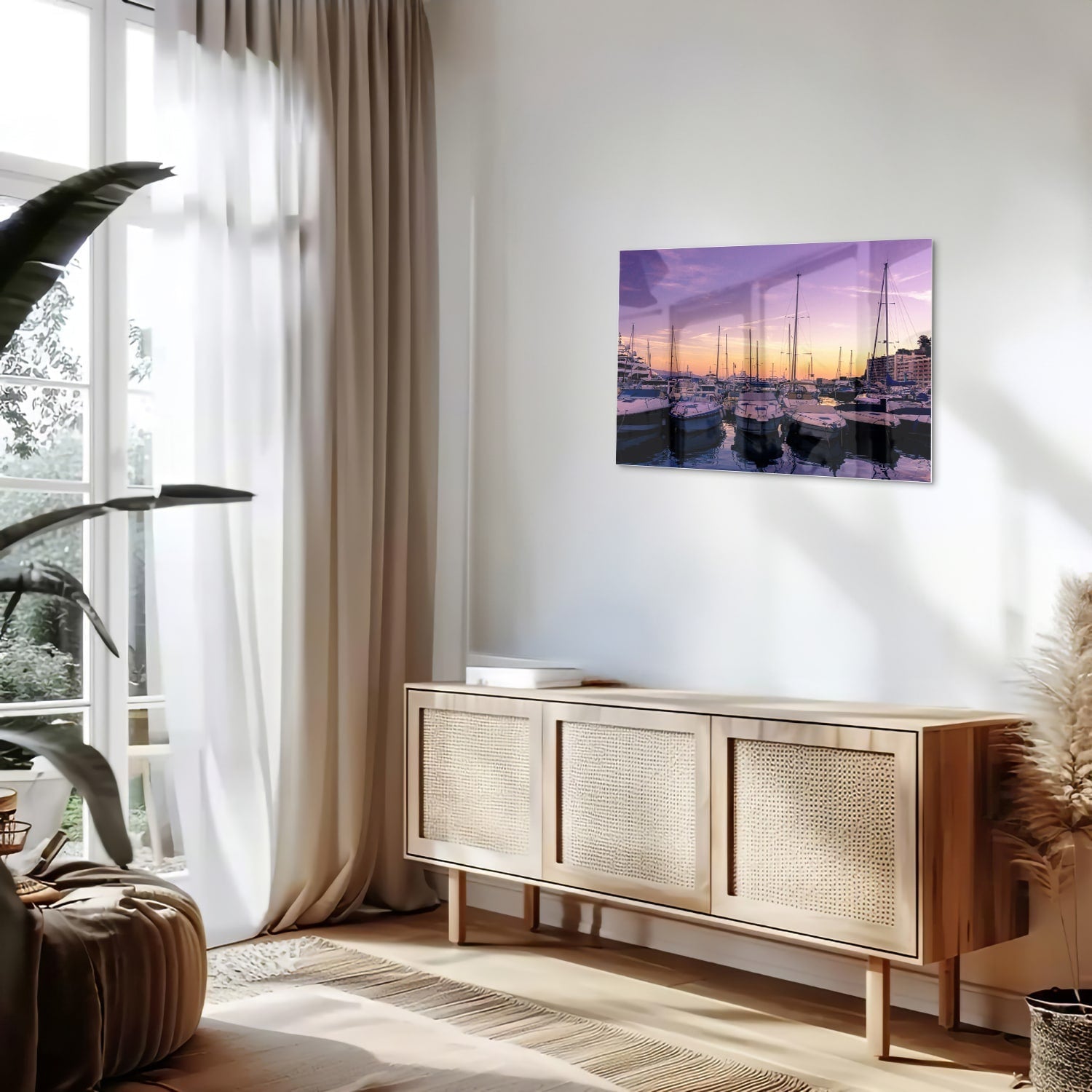 Glasbild mit Sonnenuntergang am Hafen – Glasbild aus Sicherheitsglas, Größe 80x30