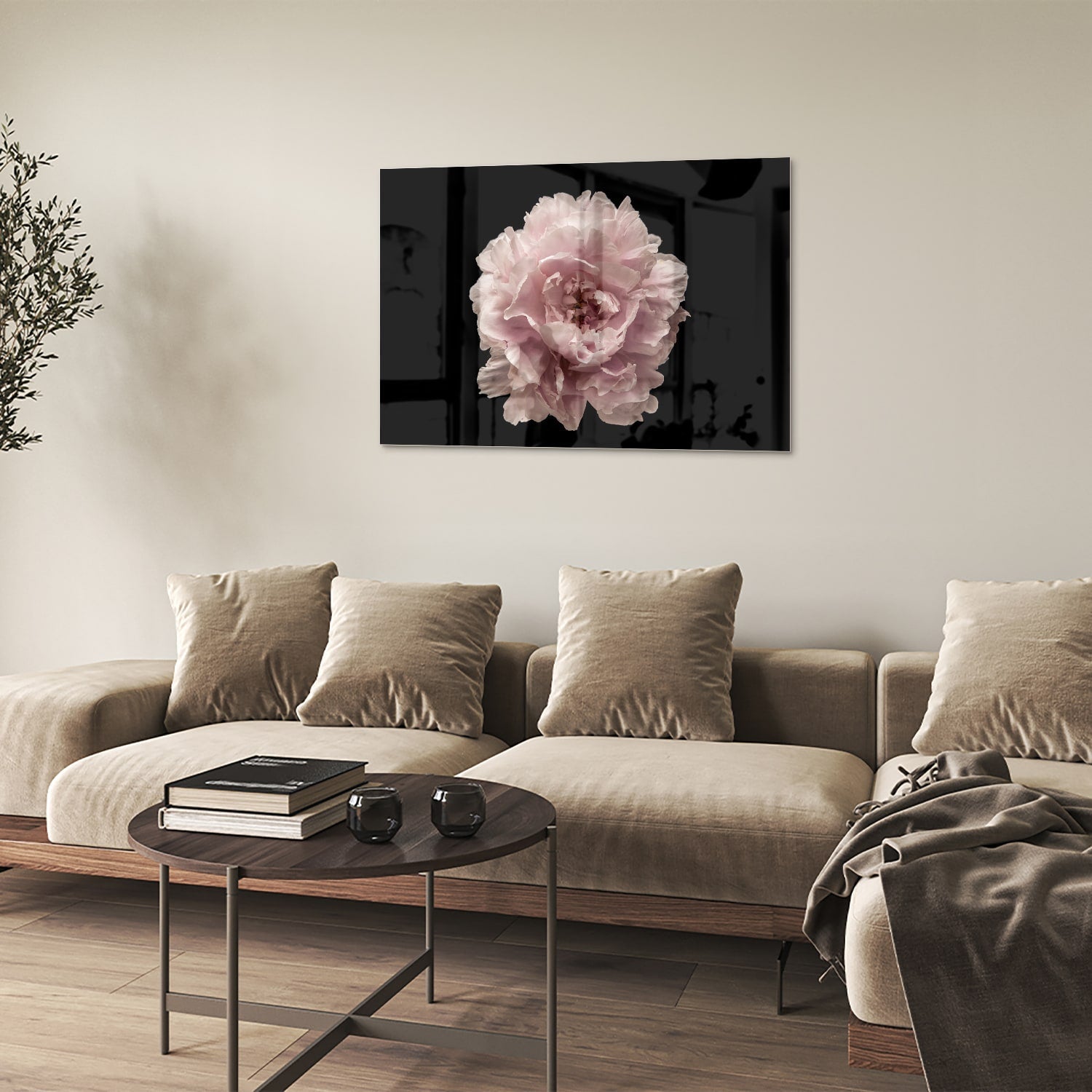 Elegantes Glasbild mit Rosenblüte auf schwarzem Hintergrund – perfekt für Ihr Interieur – Glasbild aus Sicherheitsglas, Größe 50x50