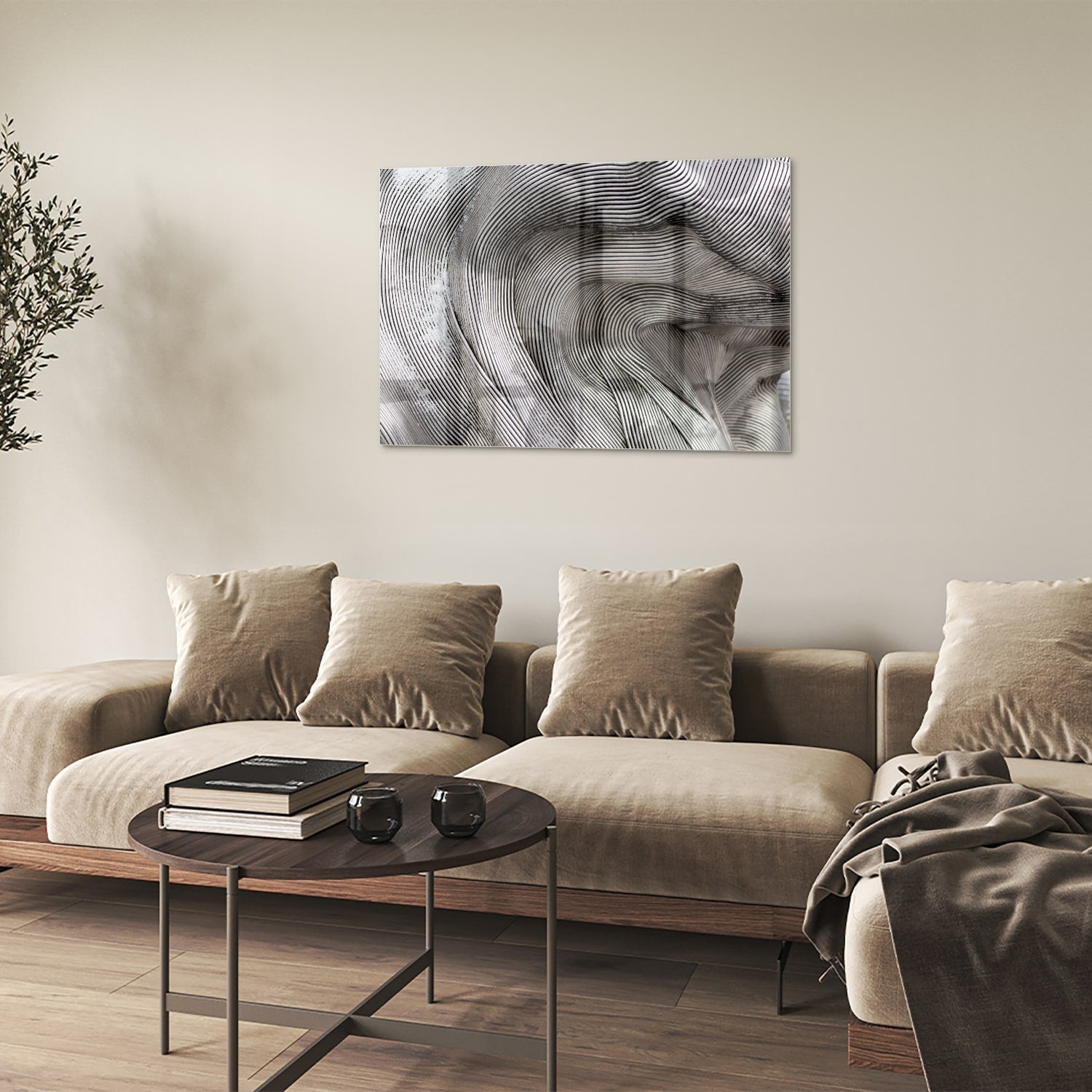 Abstraktes Glasbild mit wellenförmigen Linien – Glasbild aus Sicherheitsglas, Größe 50x50