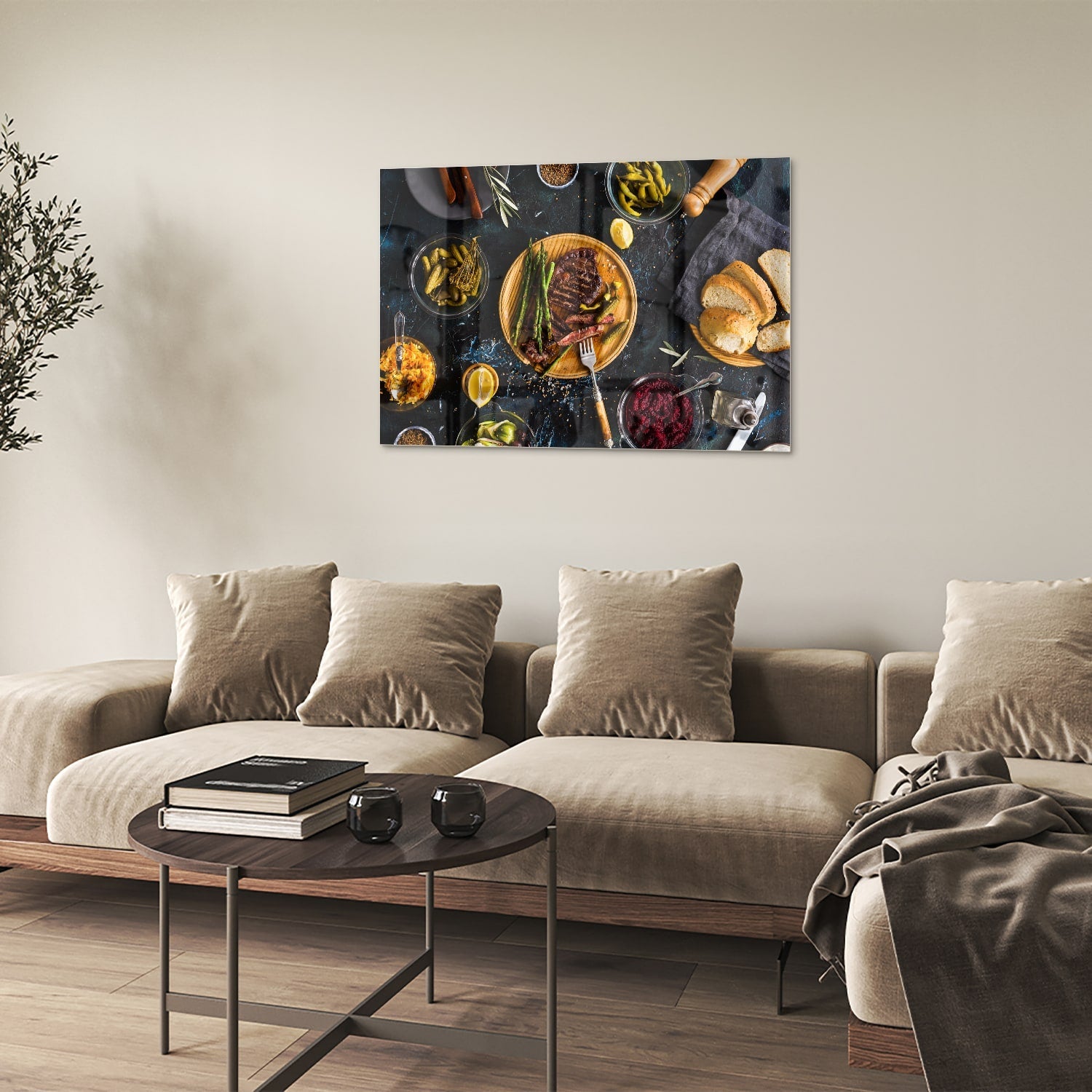 Kulinarisches Glasbild mit verführerischen Speisen – Glasbild aus Sicherheitsglas, Größe 50x50