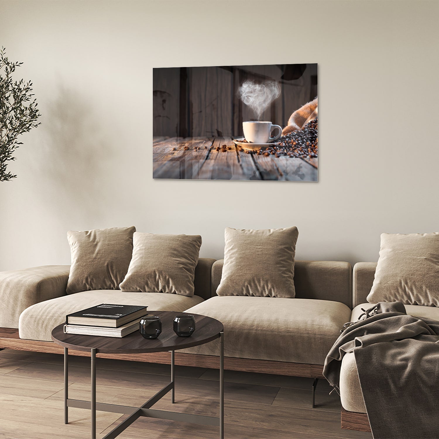 Stilvolles Glasbild mit Kaffee und Kaffeebohnen – Glasbild aus Sicherheitsglas, Größe 50x50