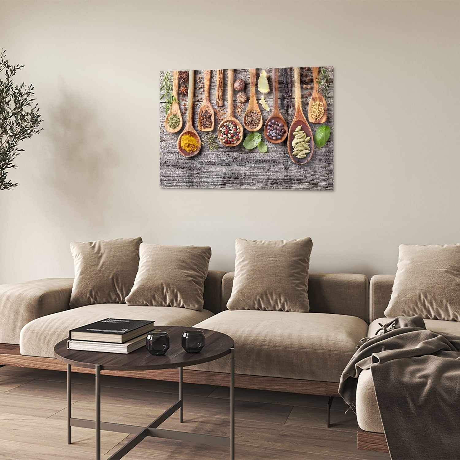 Glasbild mit natürlichen Rezepten im Löffel-Design – Glasbild aus Sicherheitsglas, Größe 50x50