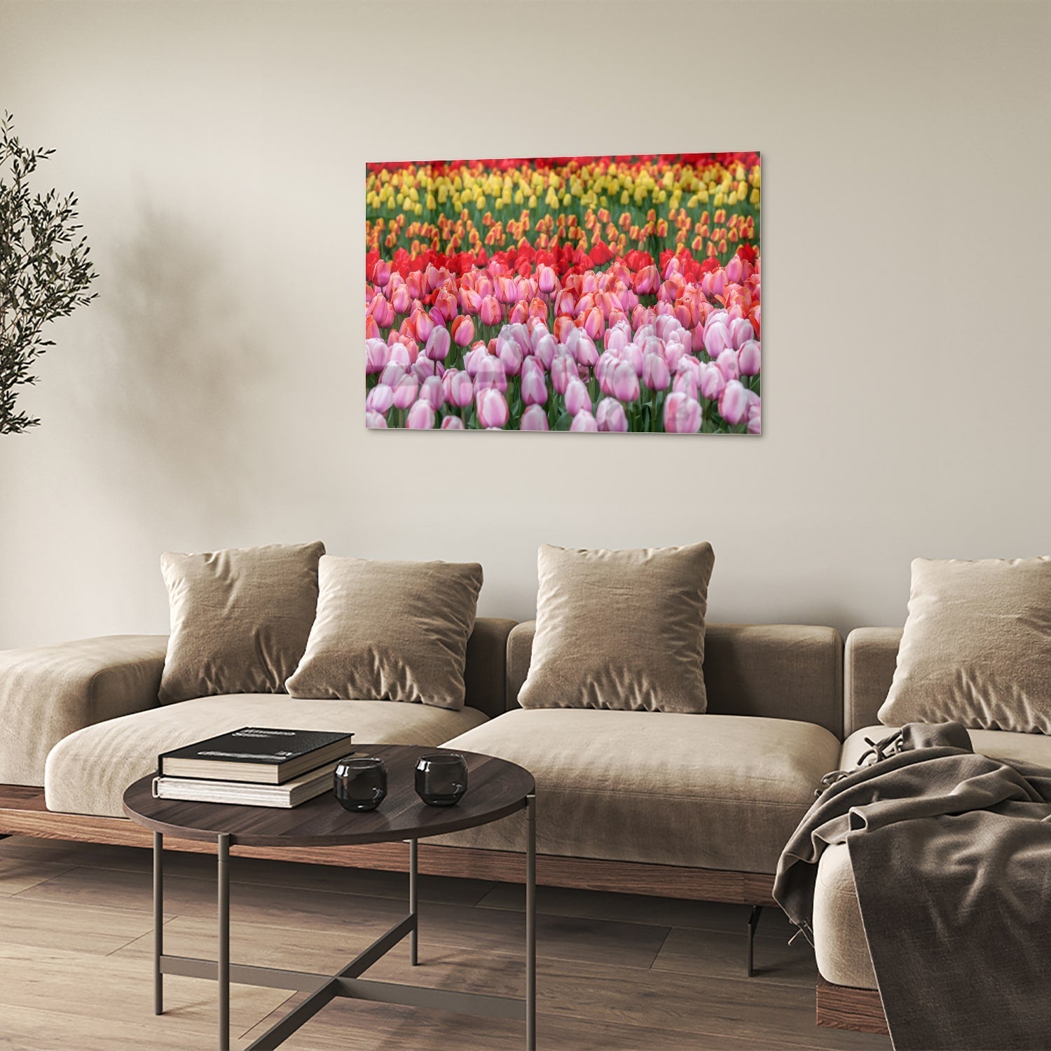 Glasbild mit farbenfrohen Tulpen in einem blühenden Garten – Glasbild aus Sicherheitsglas, Größe 50x50