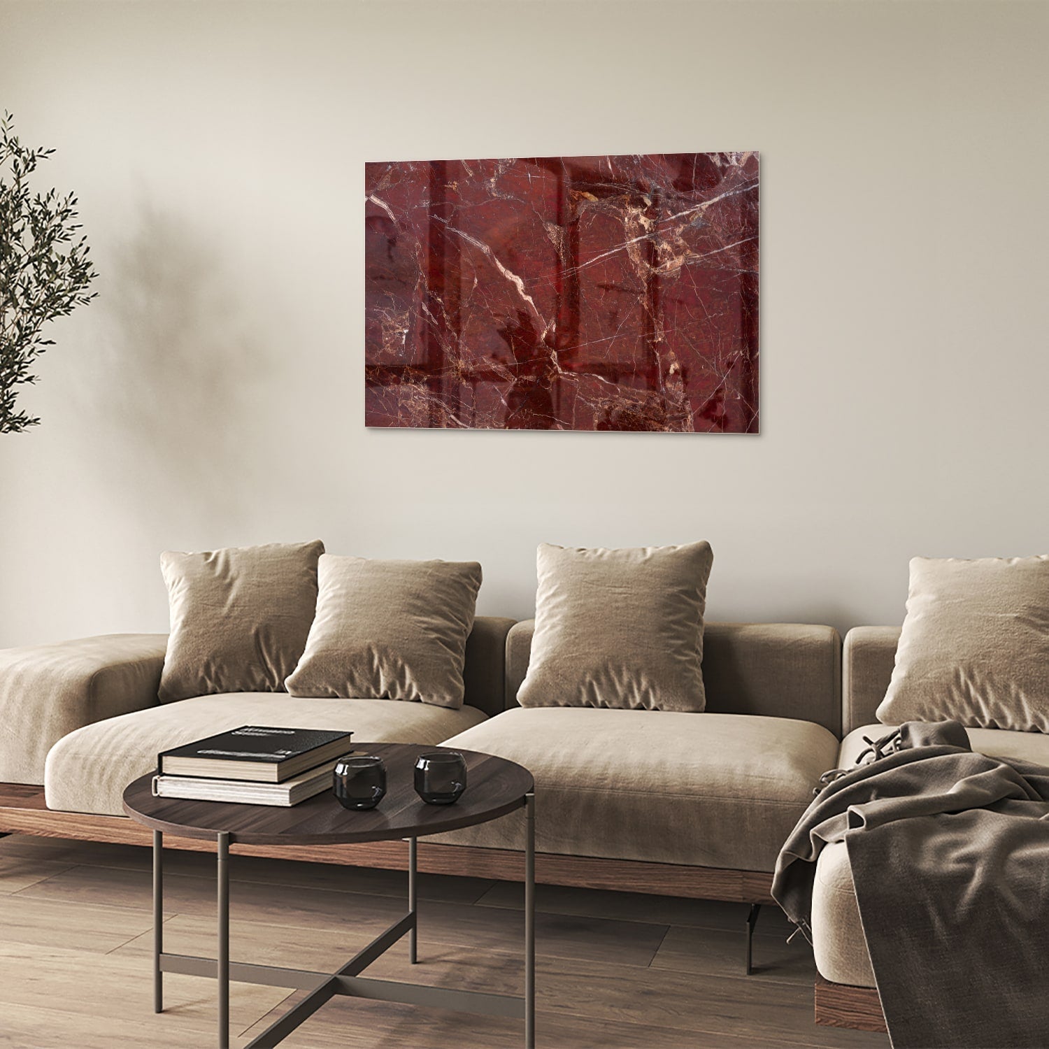 Rotes Glasbild mit Marmoroptik – Glasbild aus Sicherheitsglas, Größe 50x50