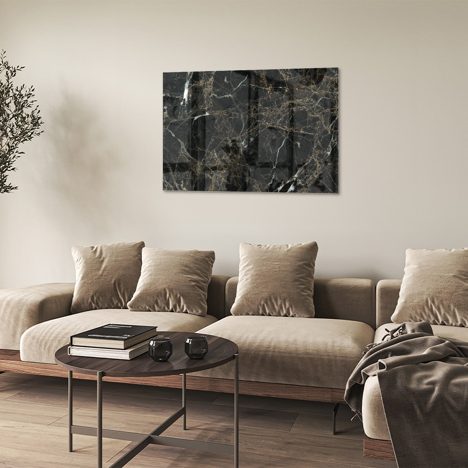 Elegantes schwarzes Marmor-Glasbild für luxuriöses Interieur – Glasbild aus Sicherheitsglas, Größe 50x50