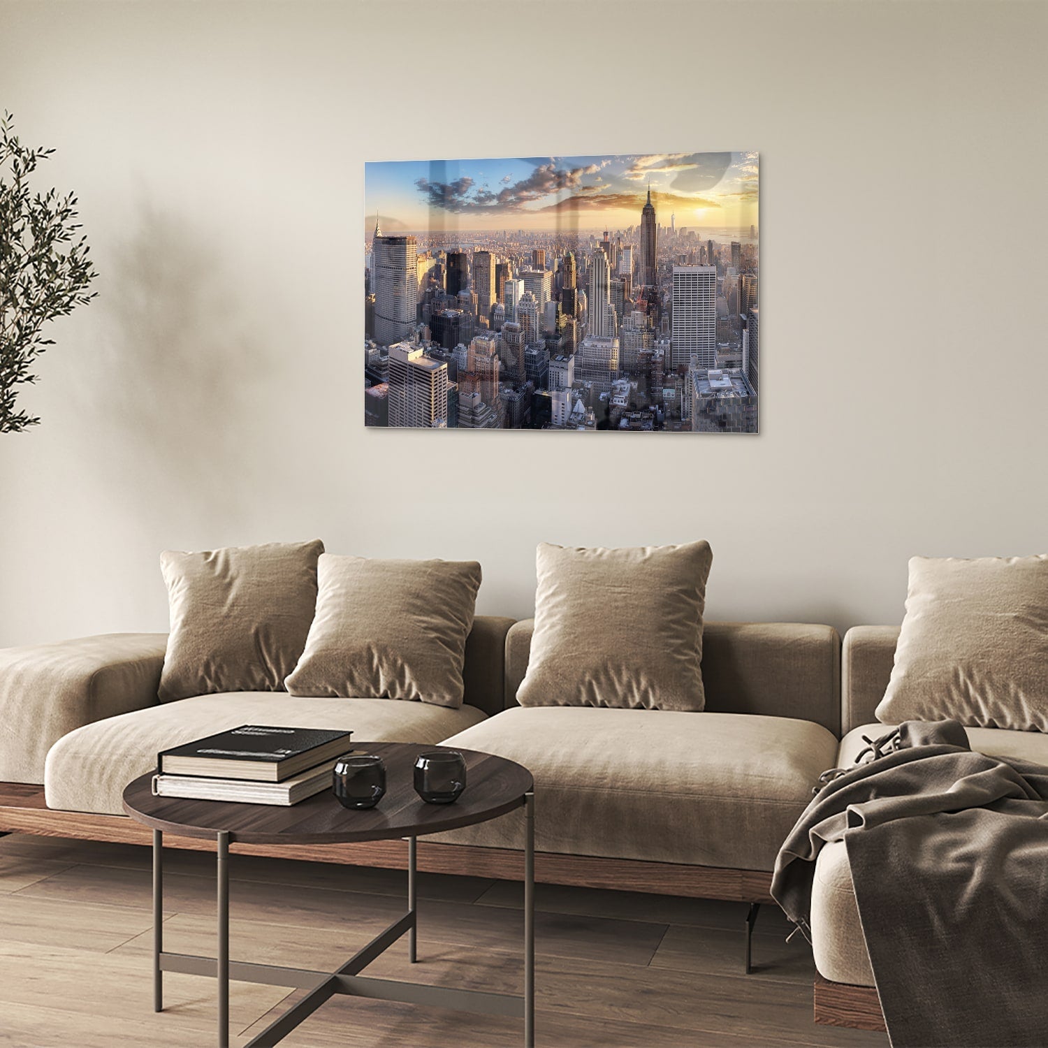 Glasbild mit atemberaubender Aussicht auf New York bei Sonnenuntergang – Glasbild aus Sicherheitsglas, Größe 50x50
