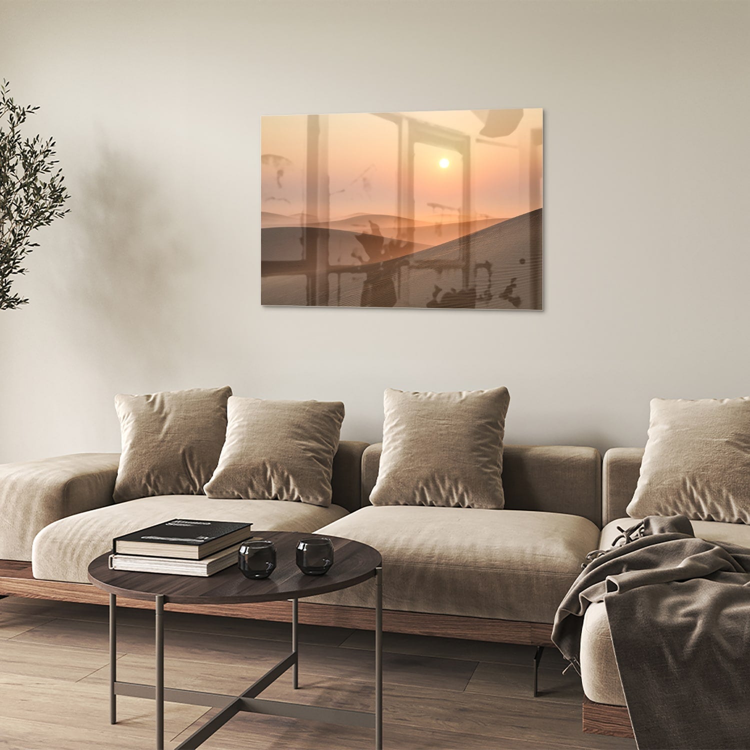 Glasbild mit Sonnenuntergang in warmen Farbtönen – Glasbild aus Sicherheitsglas, Größe 50x50