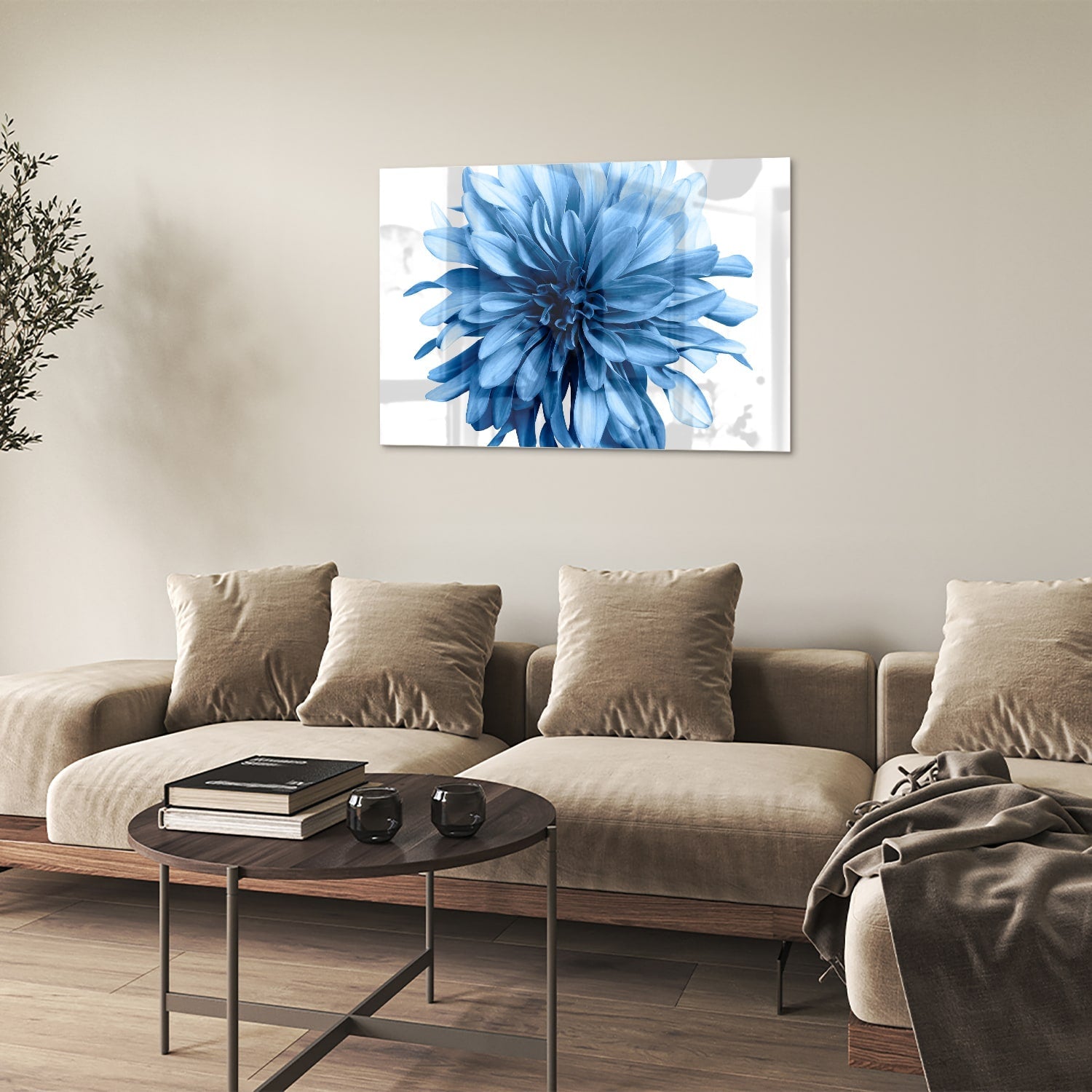 Blaues Glasbild mit einer Blume – Glasbild aus Sicherheitsglas, Größe 50x50