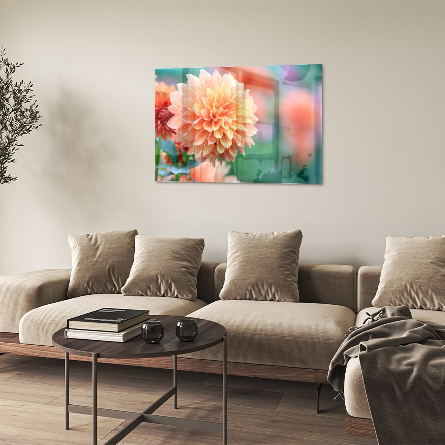 Glasbild mit Pastellrosa Dahlie – Glasbild aus Sicherheitsglas, Größe 50x50