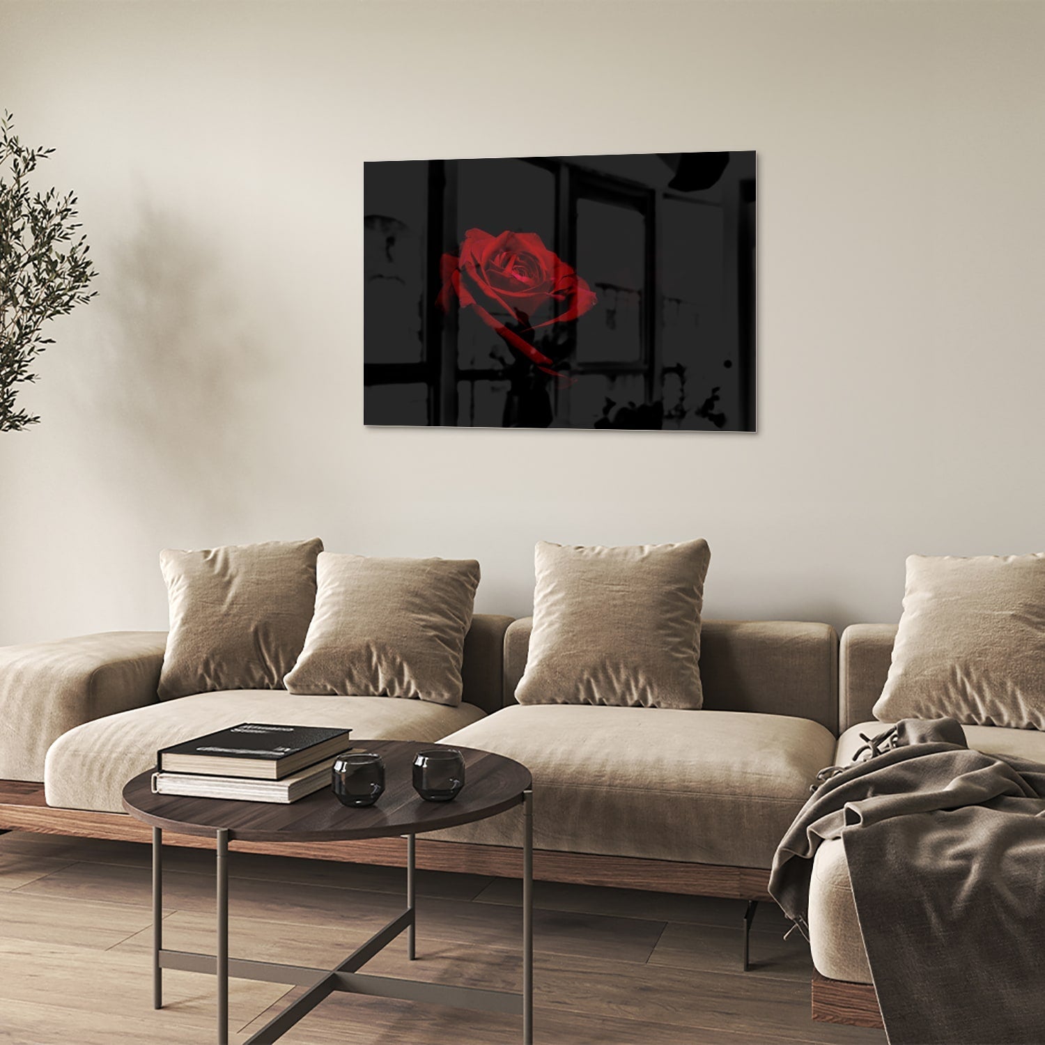 Elegantes Glasbild mit roter Rose auf schwarzem Hintergrund – Glasbild aus Sicherheitsglas, Größe 50x50