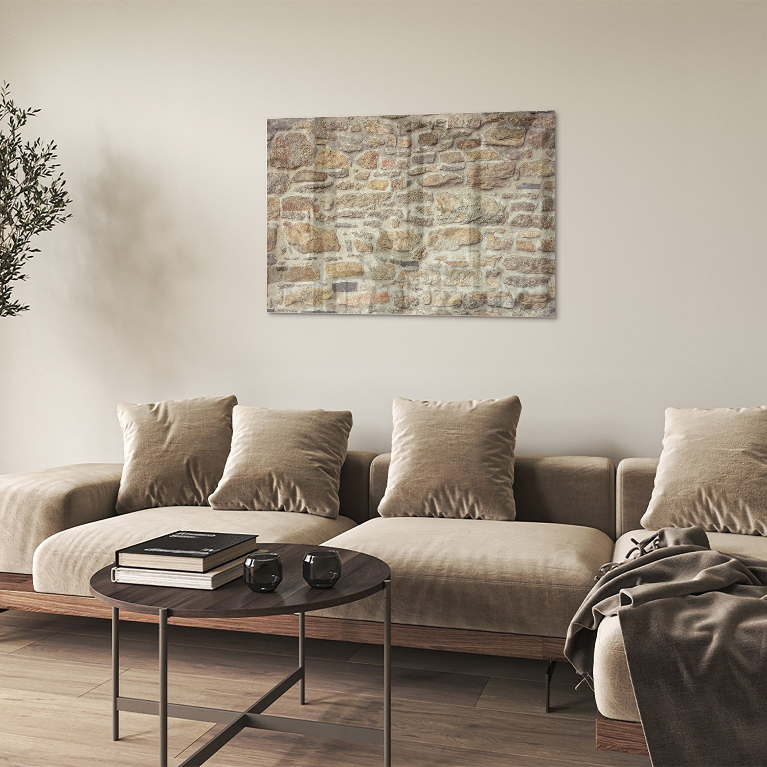 Glasbild mit rustikaler Steinwand – Glasbild aus Sicherheitsglas, Größe 50x50