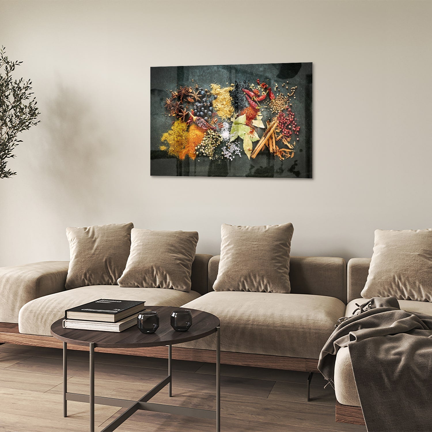 Farbenfrohes Glasbild mit Gewürzen und Blättern – Glasbild aus Sicherheitsglas, Größe 50x50