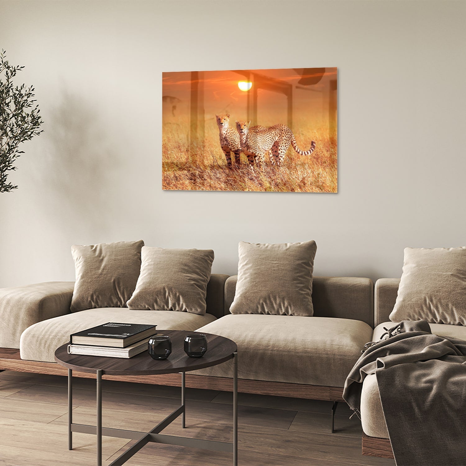 Elegantes Glasbild mit Geparden in der Natur – Glasbild aus Sicherheitsglas, Größe 50x50