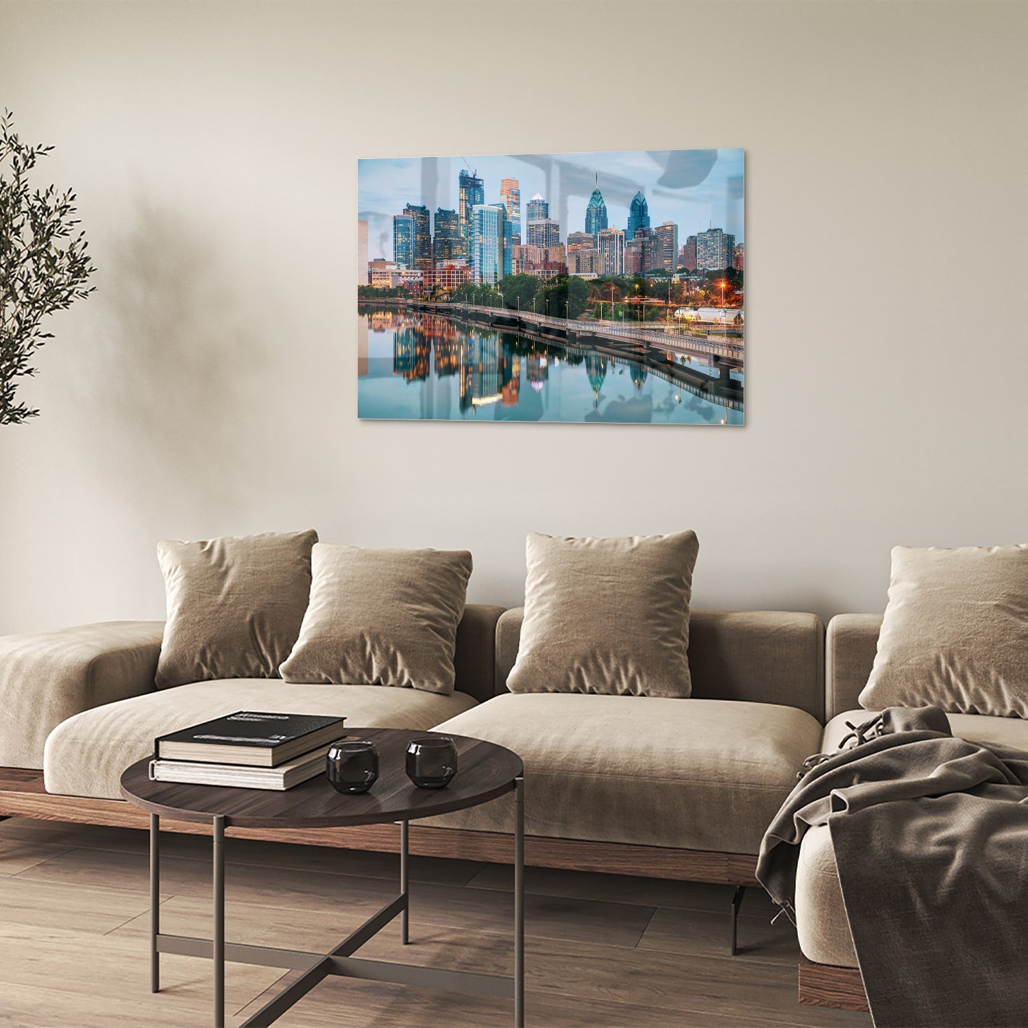 Modernes Glasbild mit Stadtansicht – Glasbild aus Sicherheitsglas, Größe 50x50