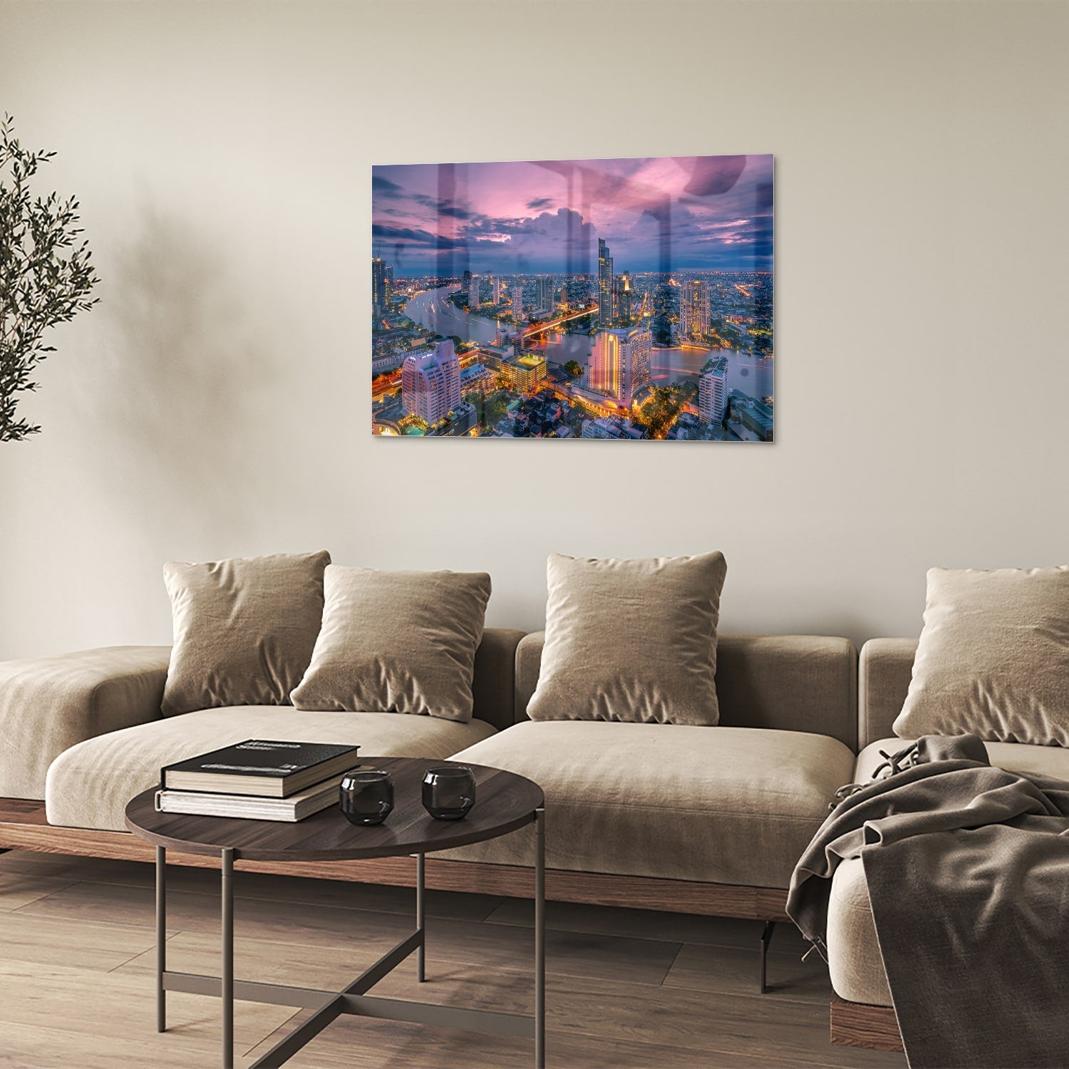 Glasbild mit Stadtblick im Abendlicht – Glasbild aus Sicherheitsglas, Größe 50x50