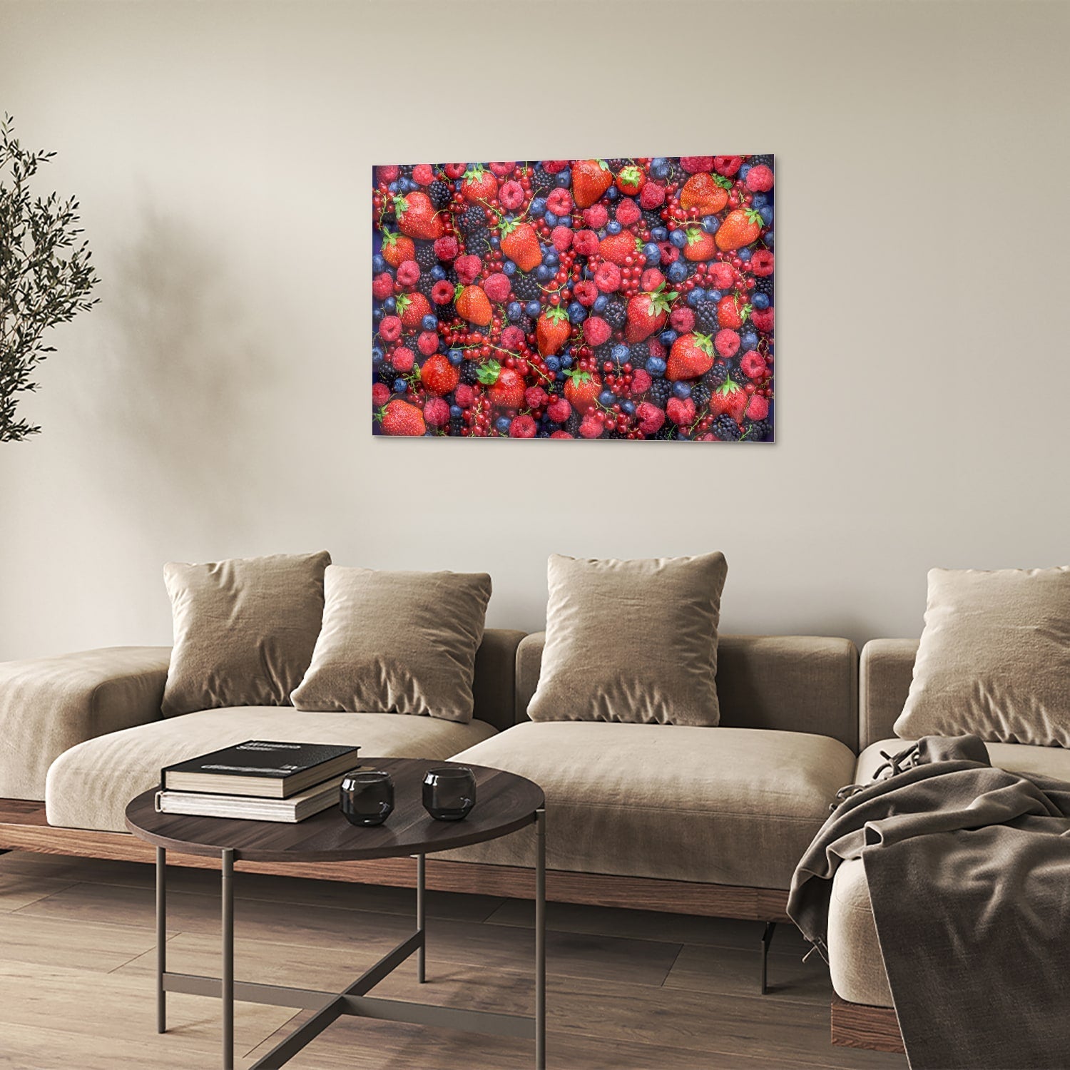 Farbenfrohes Glasbild mit Beeren und Früchten – Glasbild aus Sicherheitsglas, Größe 50x50