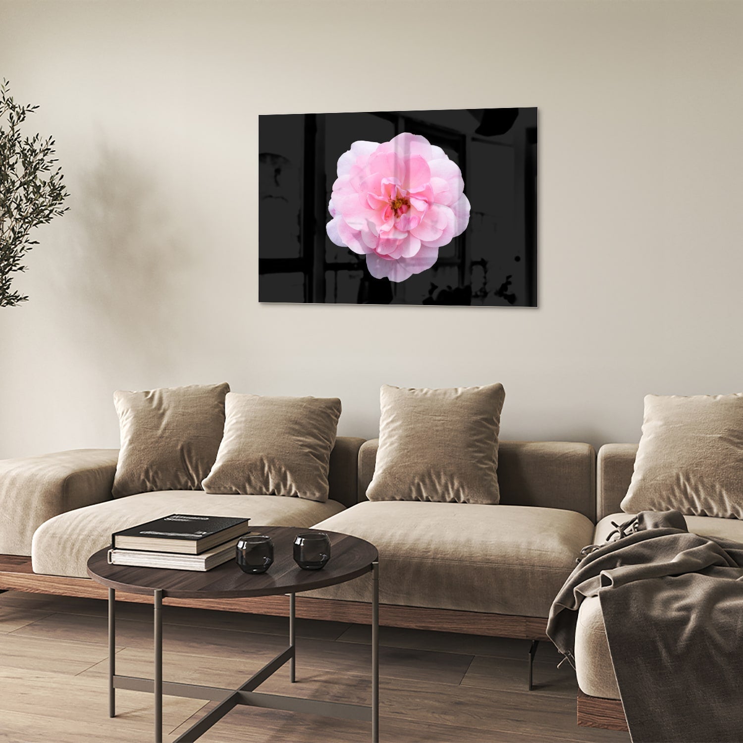 Elegantes Glasbild mit rosa Blume auf schwarzem Hintergrund – Glasbild aus Sicherheitsglas, Größe 50x50