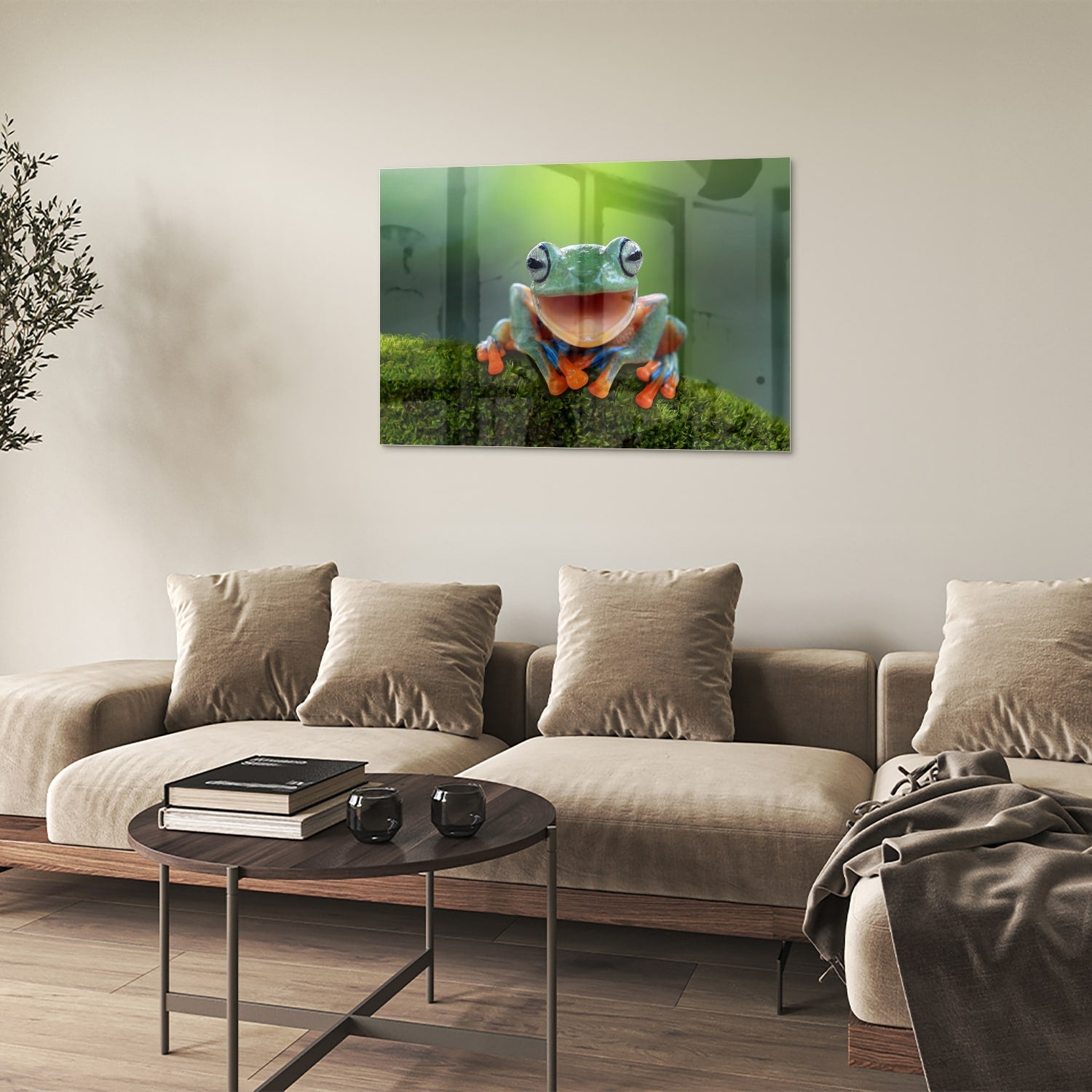 Fröhliches Glasbild mit Laubfrosch – Glasbild aus Sicherheitsglas, Größe 50x50