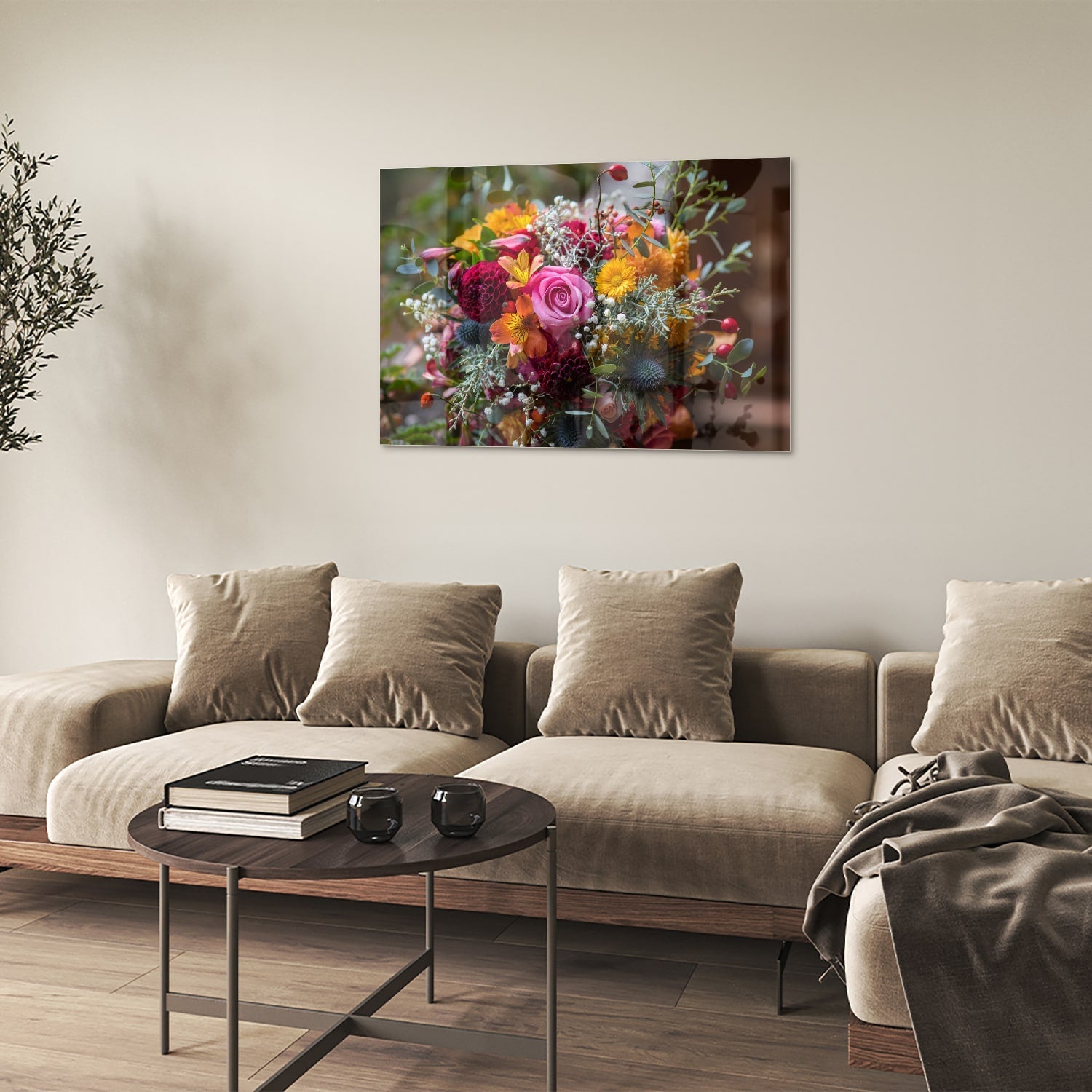 Farbenfrohes Glasbild mit einem Blumenstrauß – Glasbild aus Sicherheitsglas, Größe 50x50