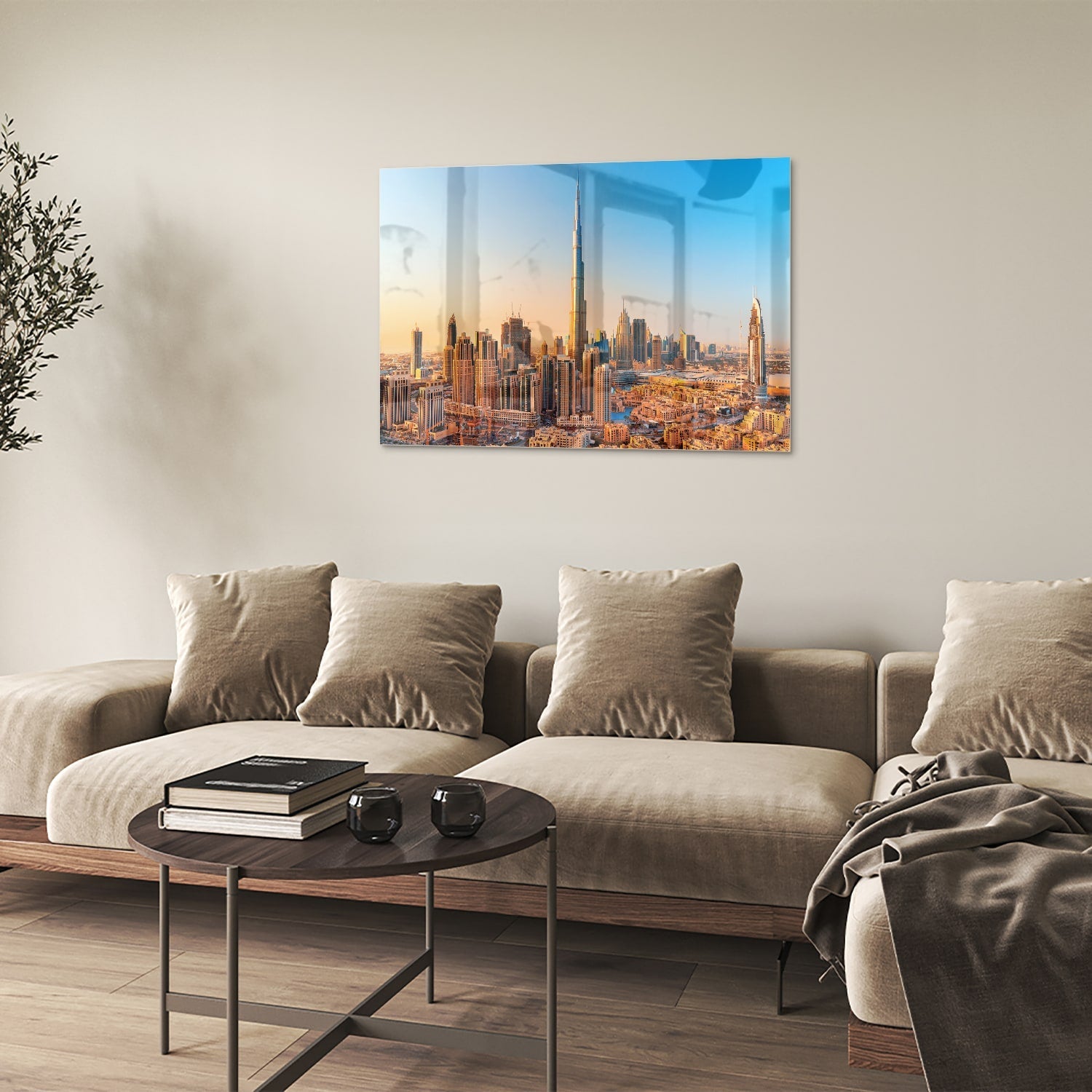 Modernes Glasbild mit Skyline Dubai – Glasbild aus Sicherheitsglas, Größe 50x50