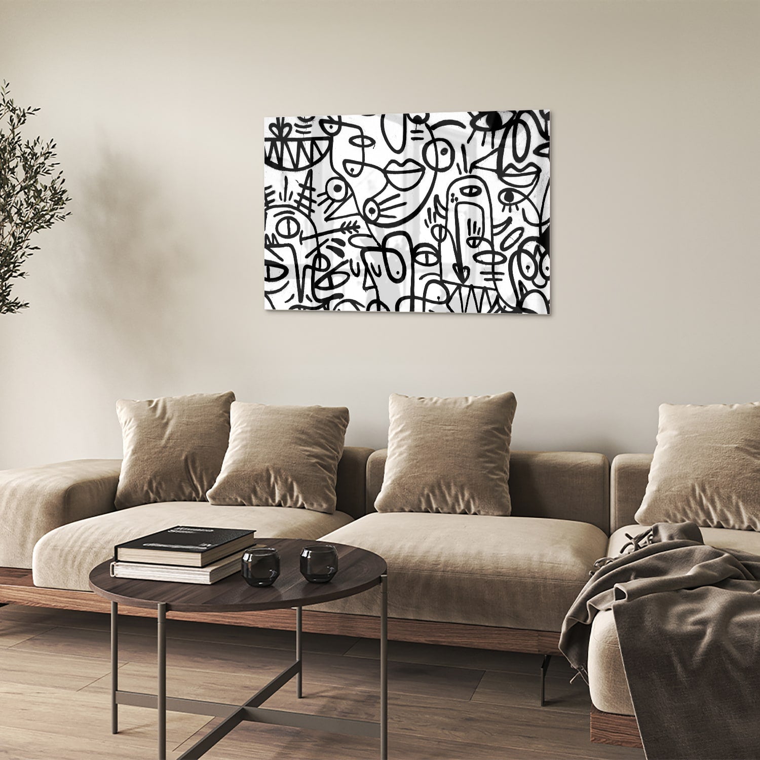Abstraktes Schwarz-Weiß-Glasbild mit Formen – Glasbild aus Sicherheitsglas, Größe 50x50