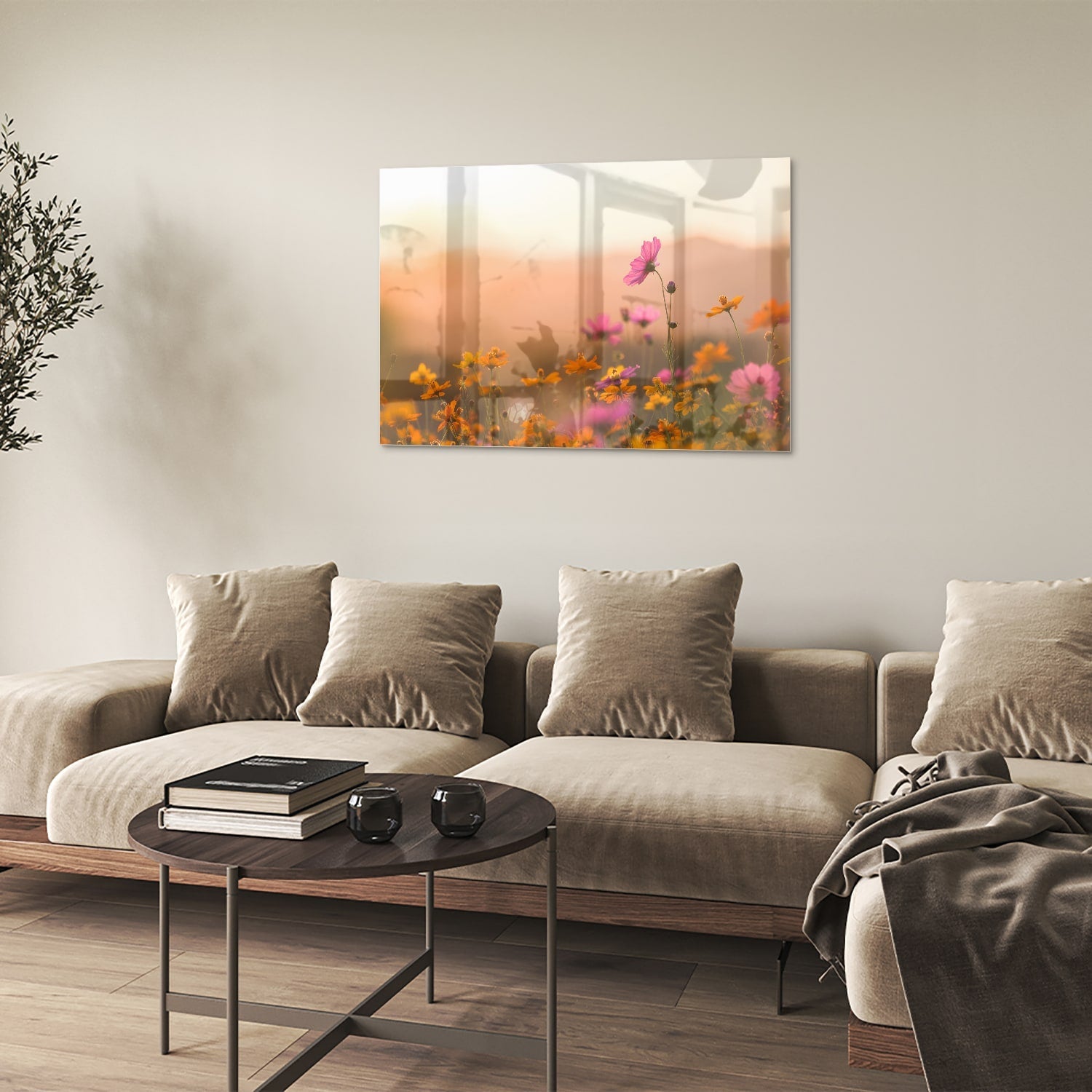 Wunderschönes Glasbild mit Blumen in Pastellfarben – Glasbild aus Sicherheitsglas, Größe 50x50