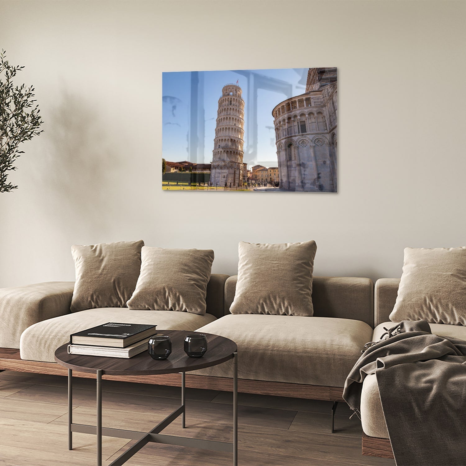 Glasbild mit dem Schiefen Turm von Pisa – Glasbild aus Sicherheitsglas, Größe 50x50