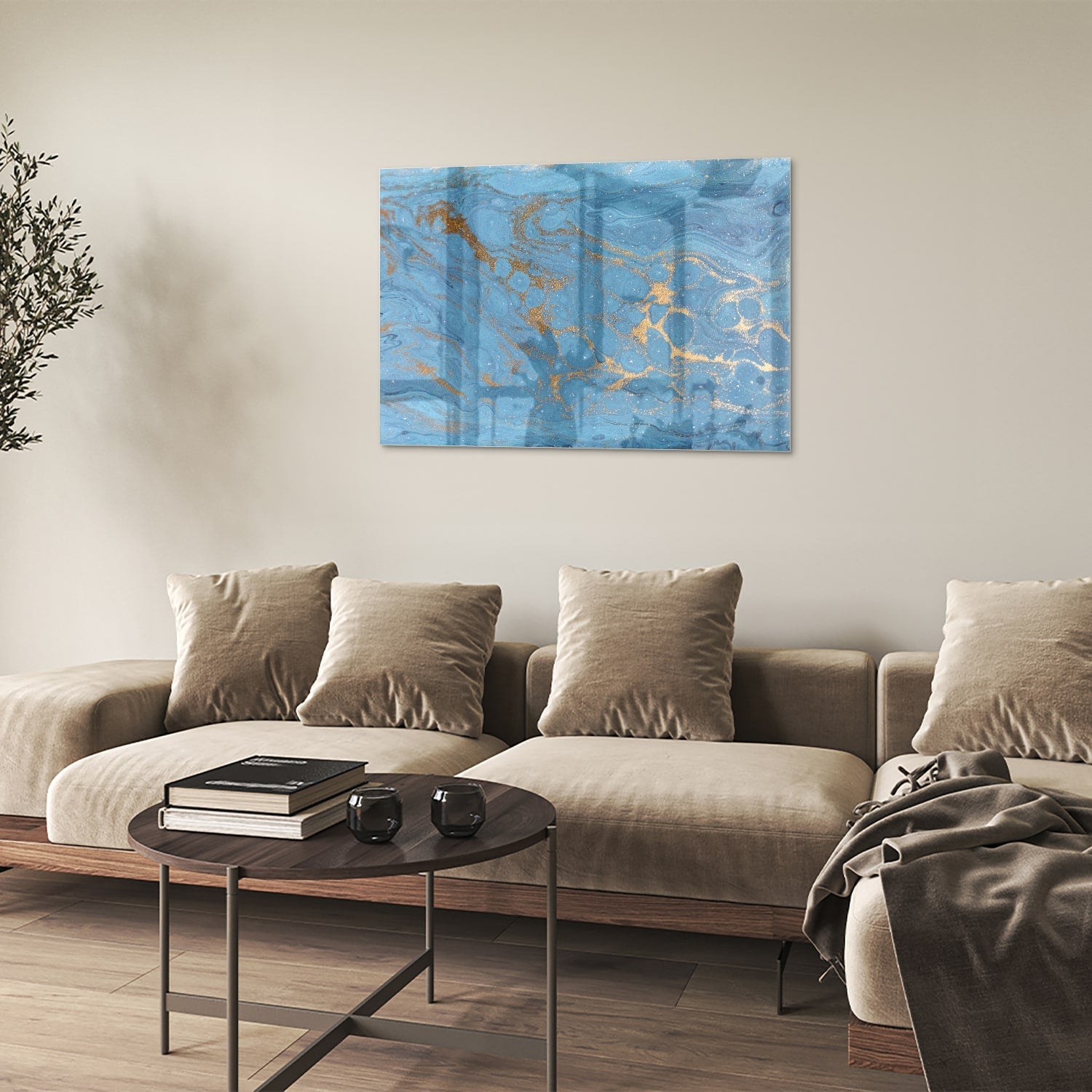 Elegantes Glasbild in blauen und goldenen Farbtönen – Glasbild aus Sicherheitsglas, Größe 50x50