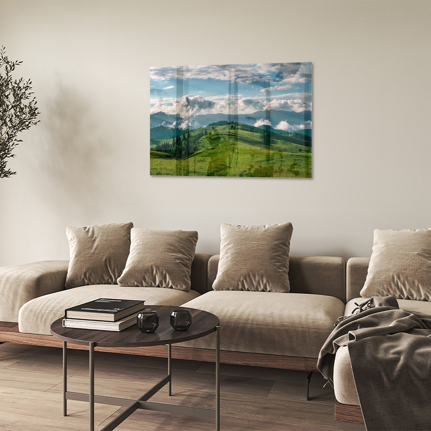 Glasbild mit atemberaubender Berglandschaft – Glasbild aus Sicherheitsglas, Größe 50x50