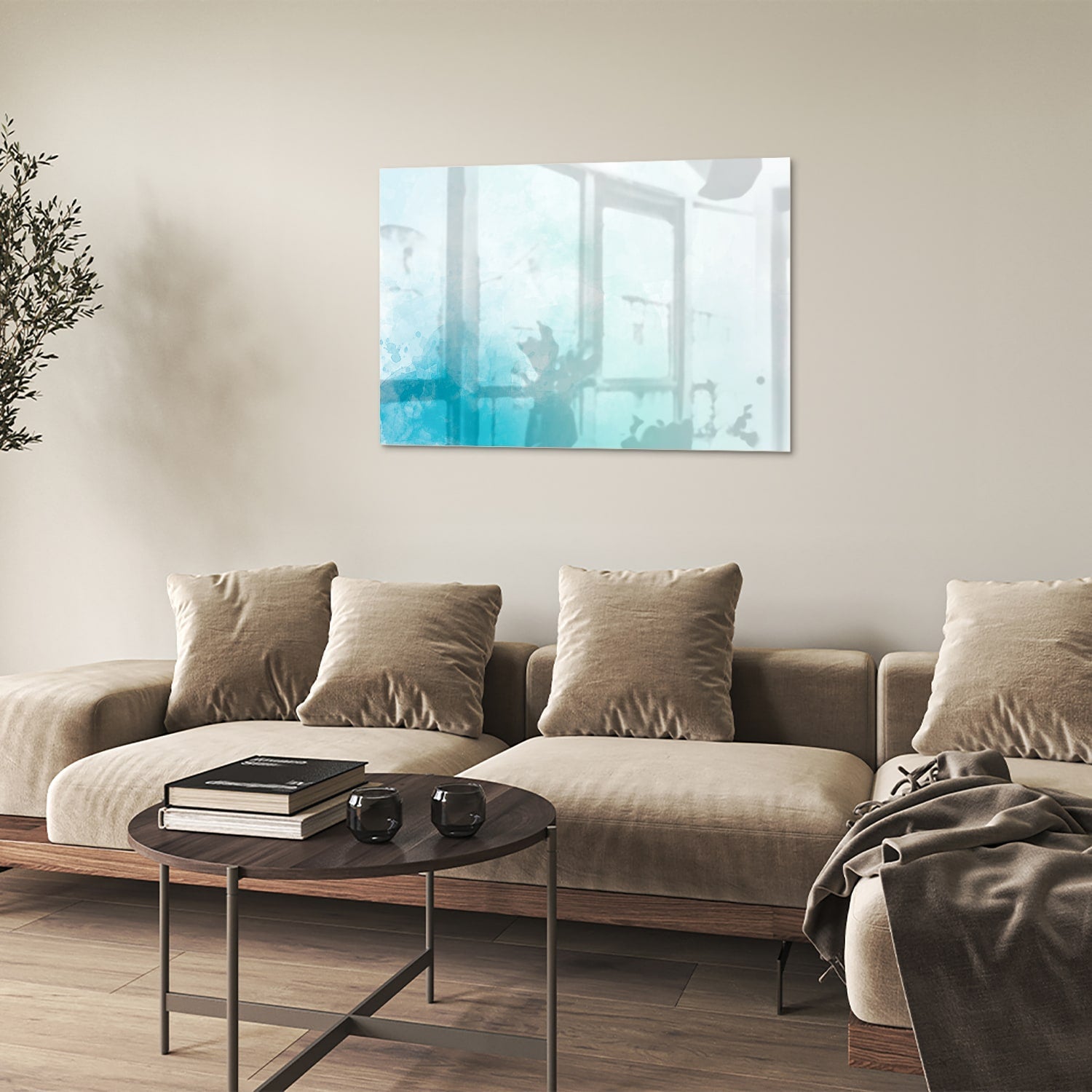 Abstraktes Glasbild in blauen und türkisen Farbtönen – Glasbild aus Sicherheitsglas, Größe 50x50