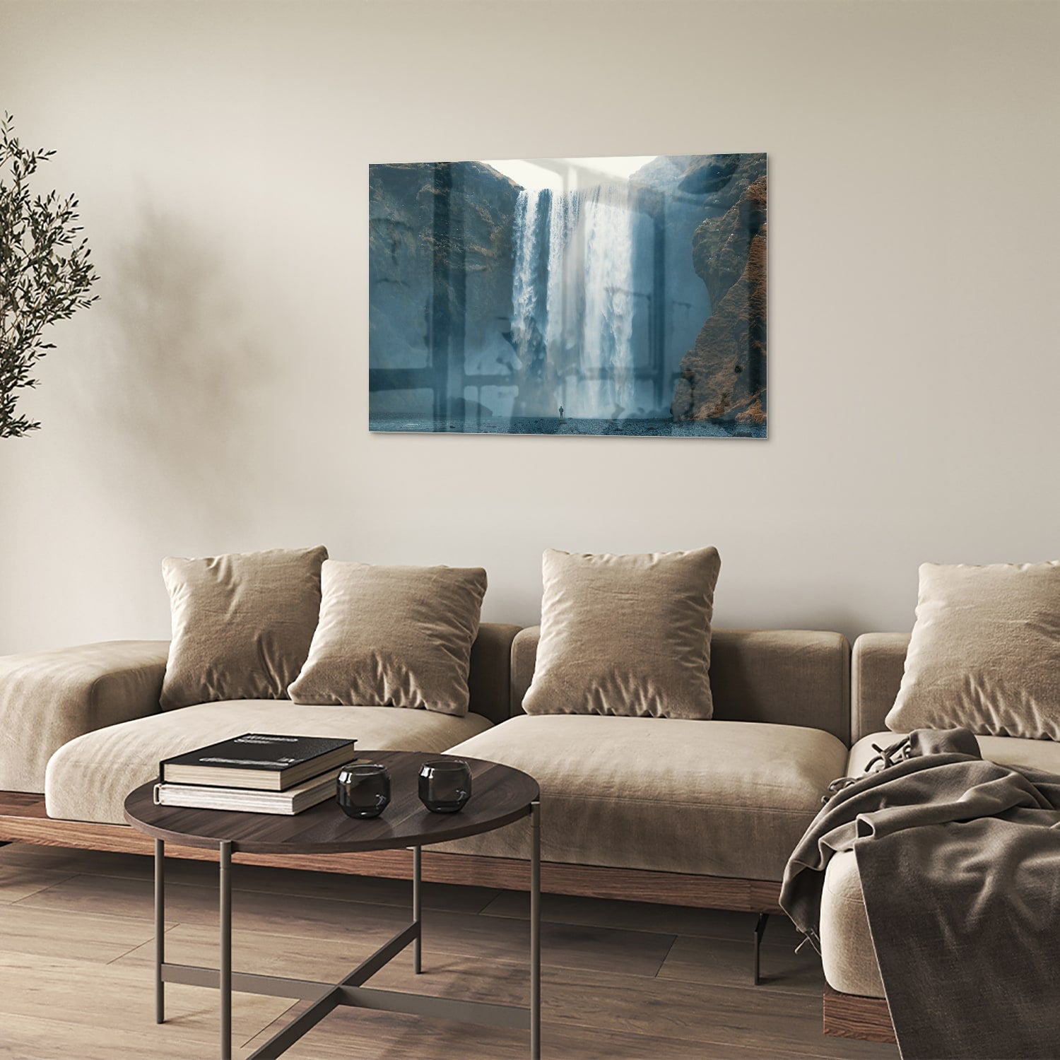Atemberaubendes Glasbild mit Wasserfall – Glasbild aus Sicherheitsglas, Größe 50x50