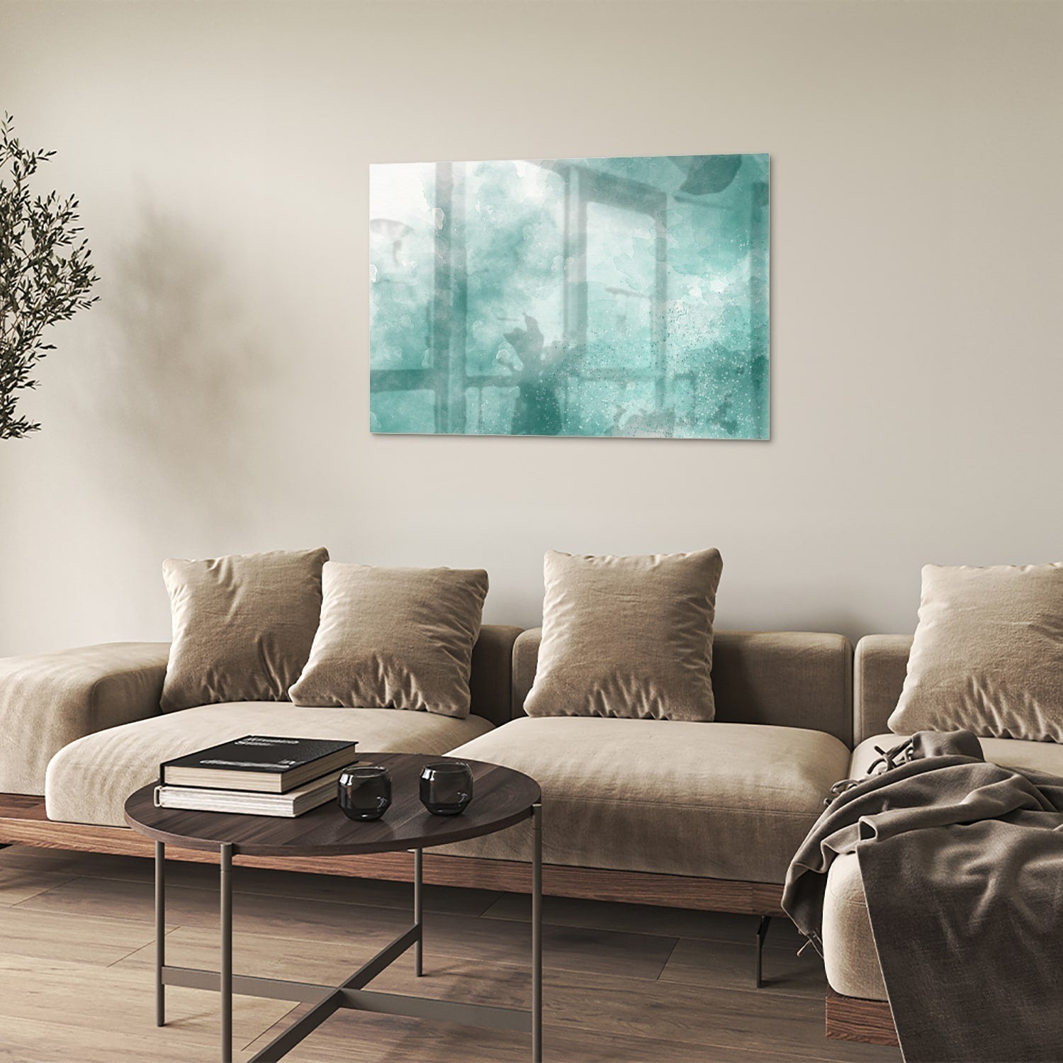 Abstraktes Glasbild in Aquablau – Glasbild aus Sicherheitsglas, Größe 50x50