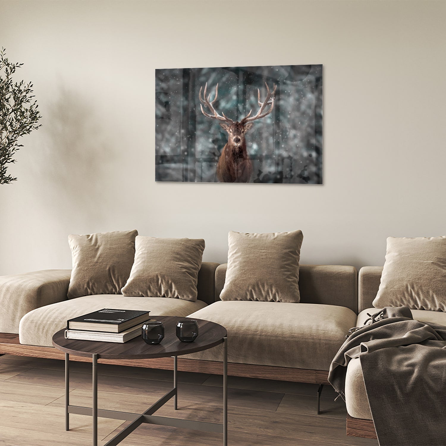 Glasbild mit majestätischem Hirsch in winterlicher Umgebung – Glasbild aus Sicherheitsglas, Größe 50x50