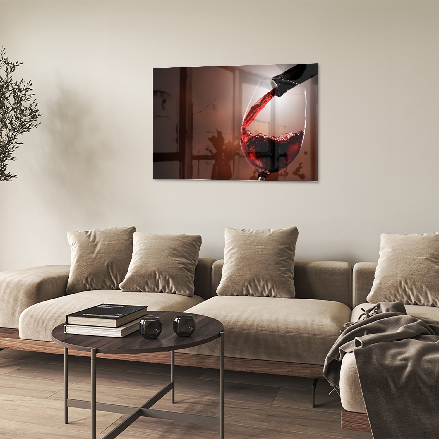 Glasbild mit Rotwein in einem stilvollen Raum – Glasbild aus Sicherheitsglas, Größe 50x50