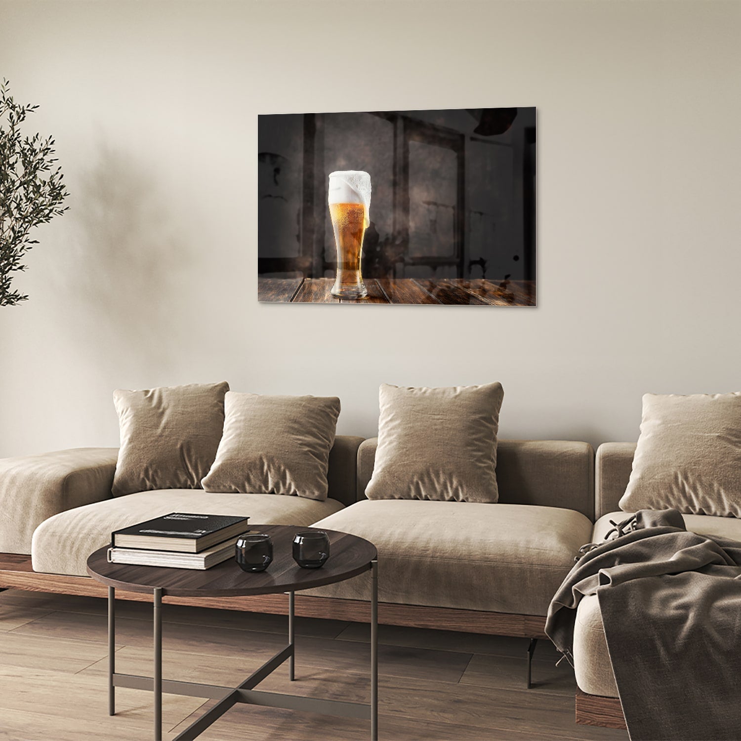 Stilvolles Glasbild mit einem Bier – Glasbild aus Sicherheitsglas, Größe 50x50