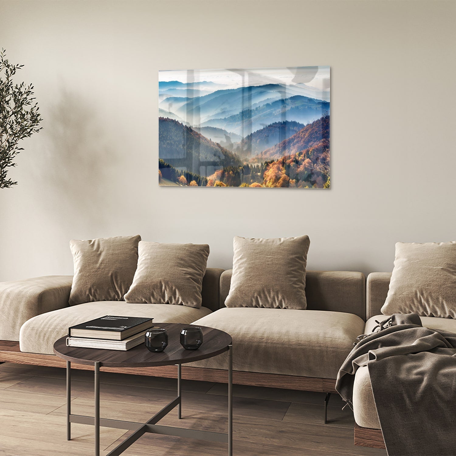 Atemberaubendes Glasbild mit Berglandschaft für Zuhause – Glasbild aus Sicherheitsglas, Größe 50x50
