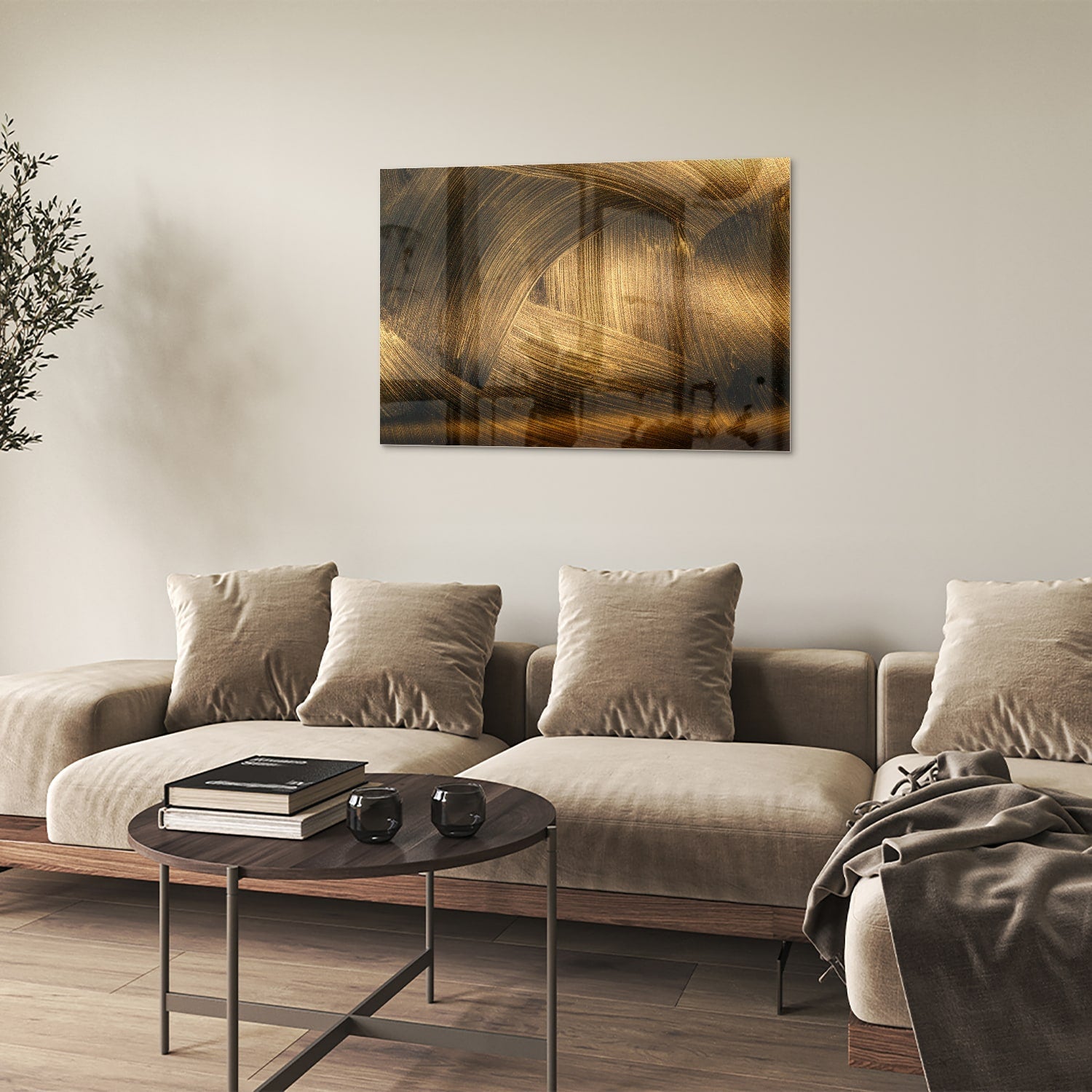 Elegantes Glasbild mit goldenem Muster – Glasbild aus Sicherheitsglas, Größe 50x50