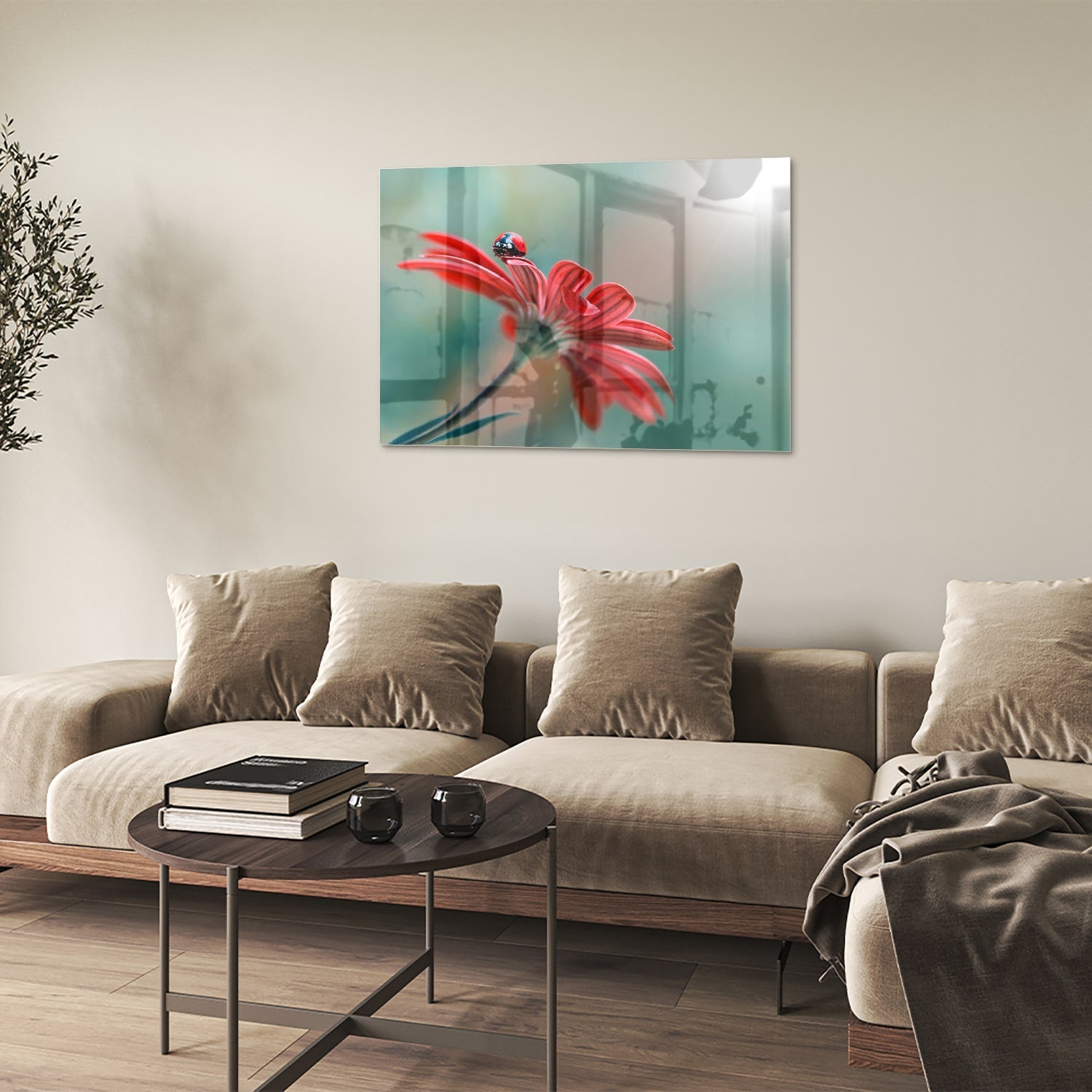 Glasbild mit einer Blume und einem Marienkäfer – Glasbild aus Sicherheitsglas, Größe 50x50