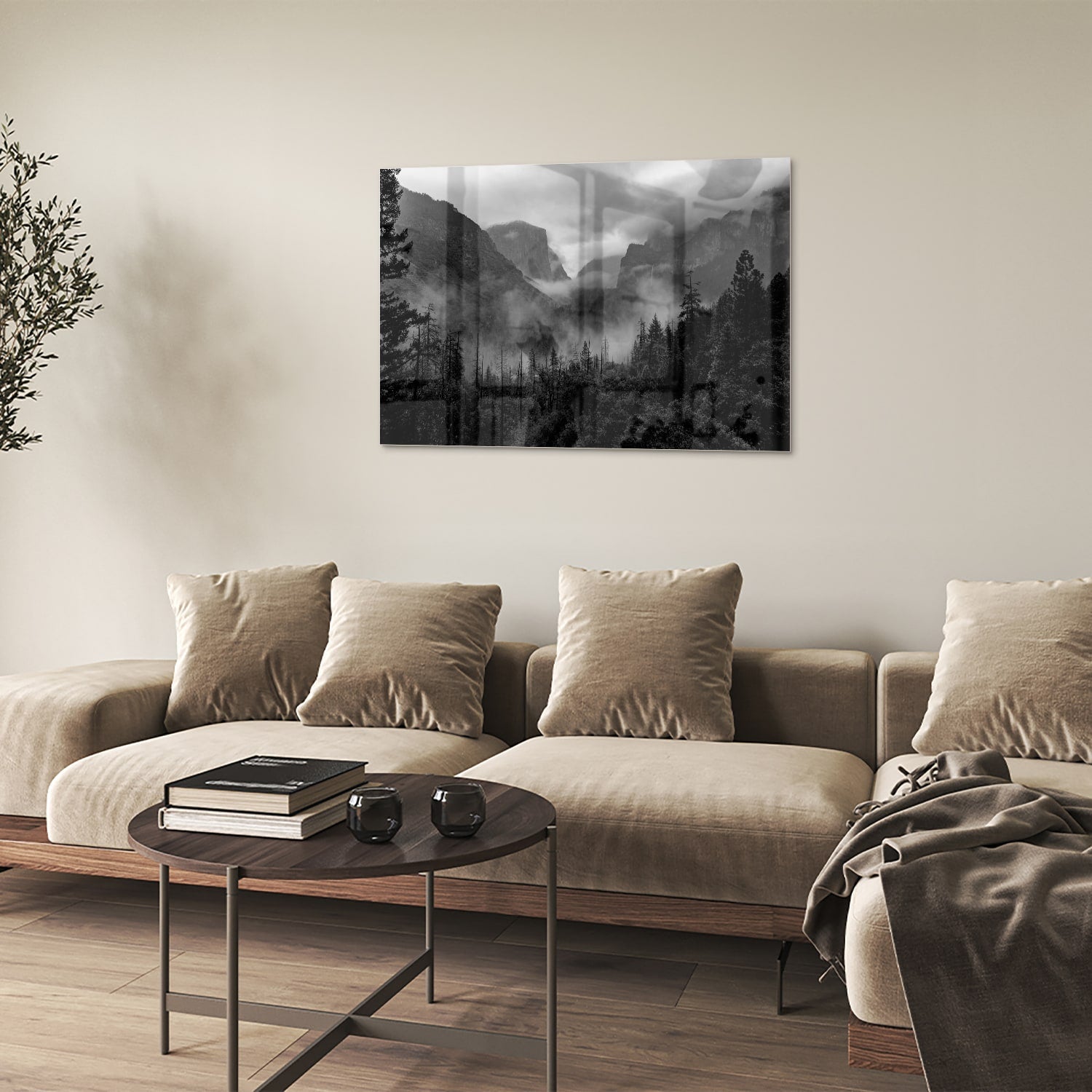 Schwarz-Weiß-Glasbild mit Berglandschaft – Glasbild aus Sicherheitsglas, Größe 50x50